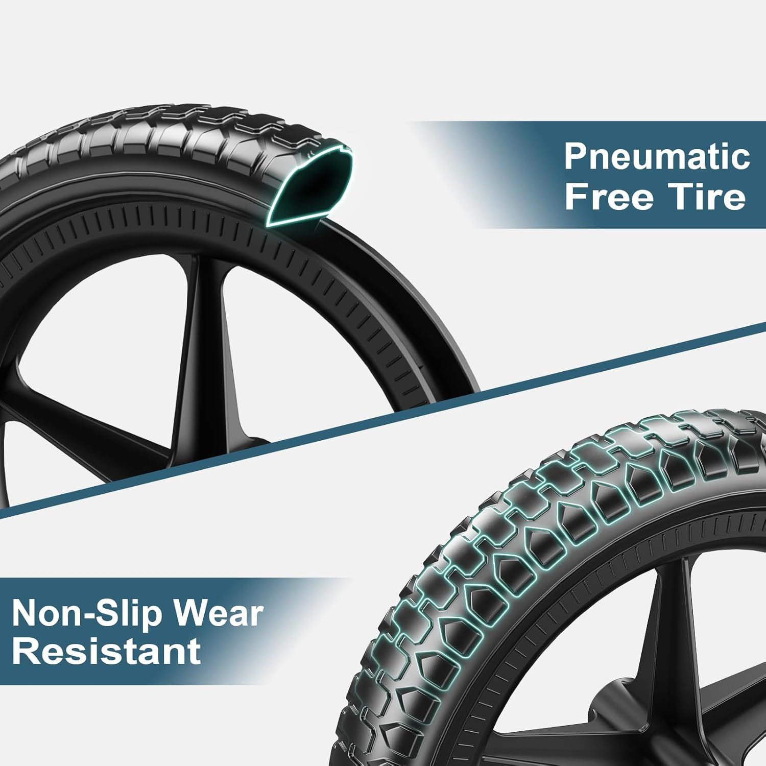 Communicates two distinct tire benefits in a segmented layout: the pneumatic-free design (no air needed) and the non-slip, wear-resistant tread pattern to reassure shoppers of durability and…