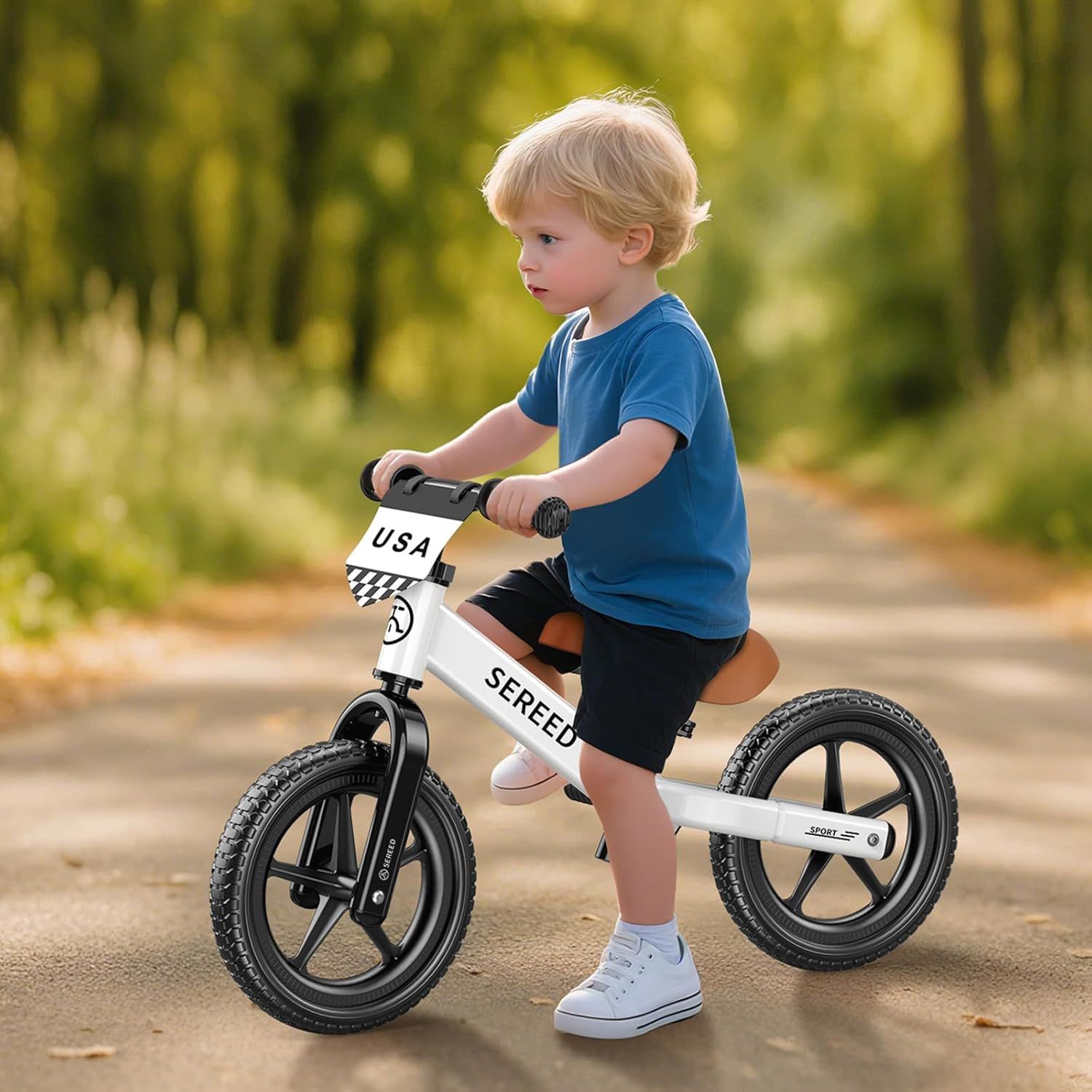 Shows the balance bike being used by a child in a natural outdoor setting, helping shoppers visualize the product in real-world use and building emotional connection.
