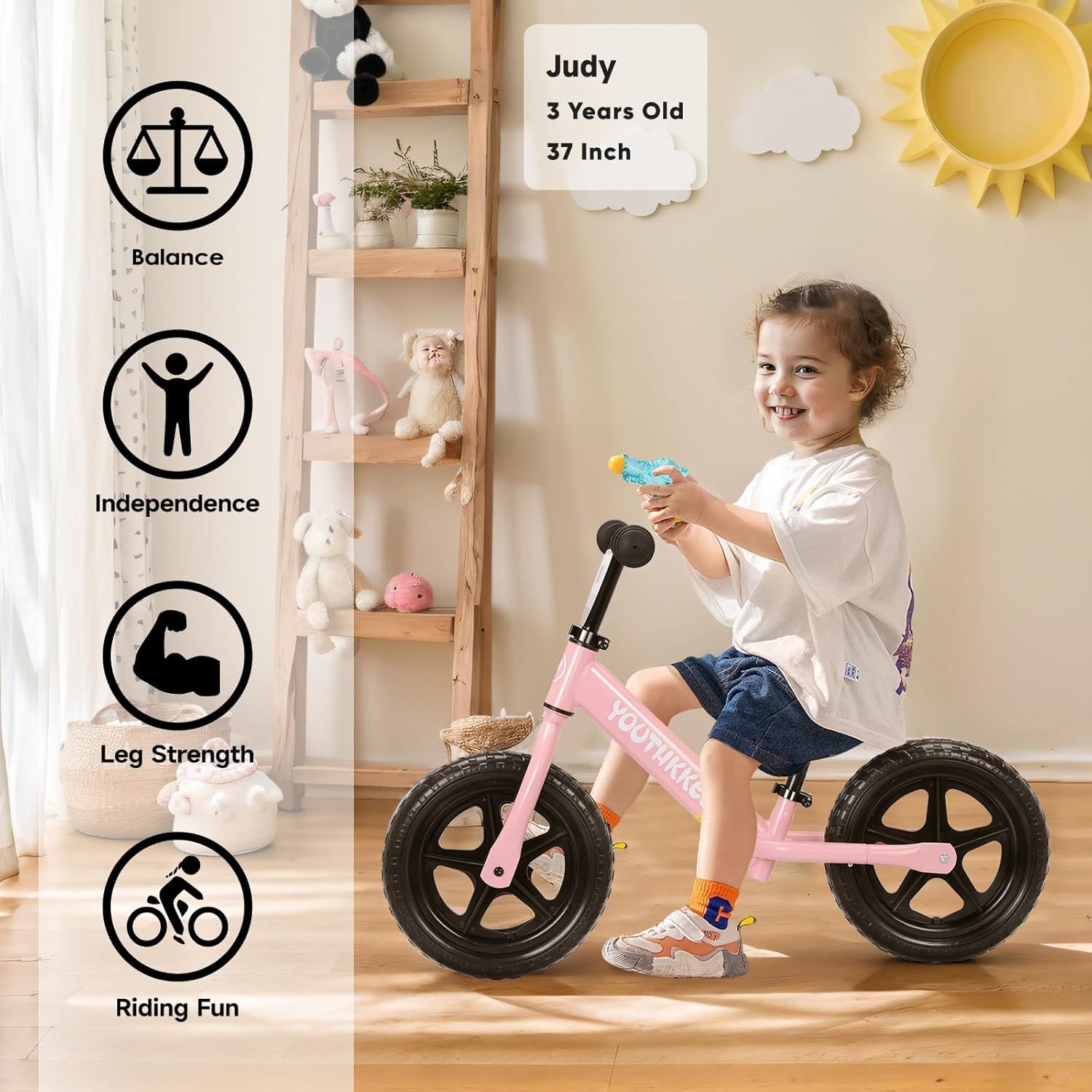Communicates multiple developmental benefits of the balance bike for toddlers, showing how it helps build physical skills and confidence while being age-appropriate and fun.