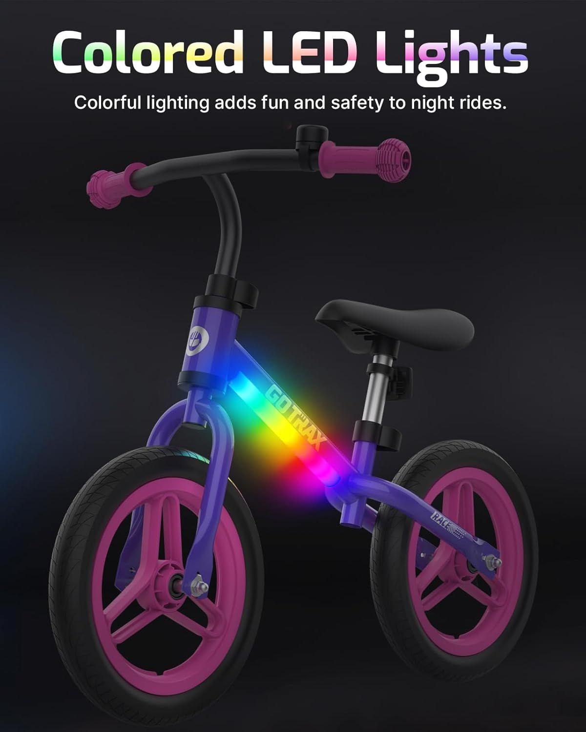Highlights the colorful LED lighting feature that adds fun and safety to night rides, making the bike more appealing and visible.