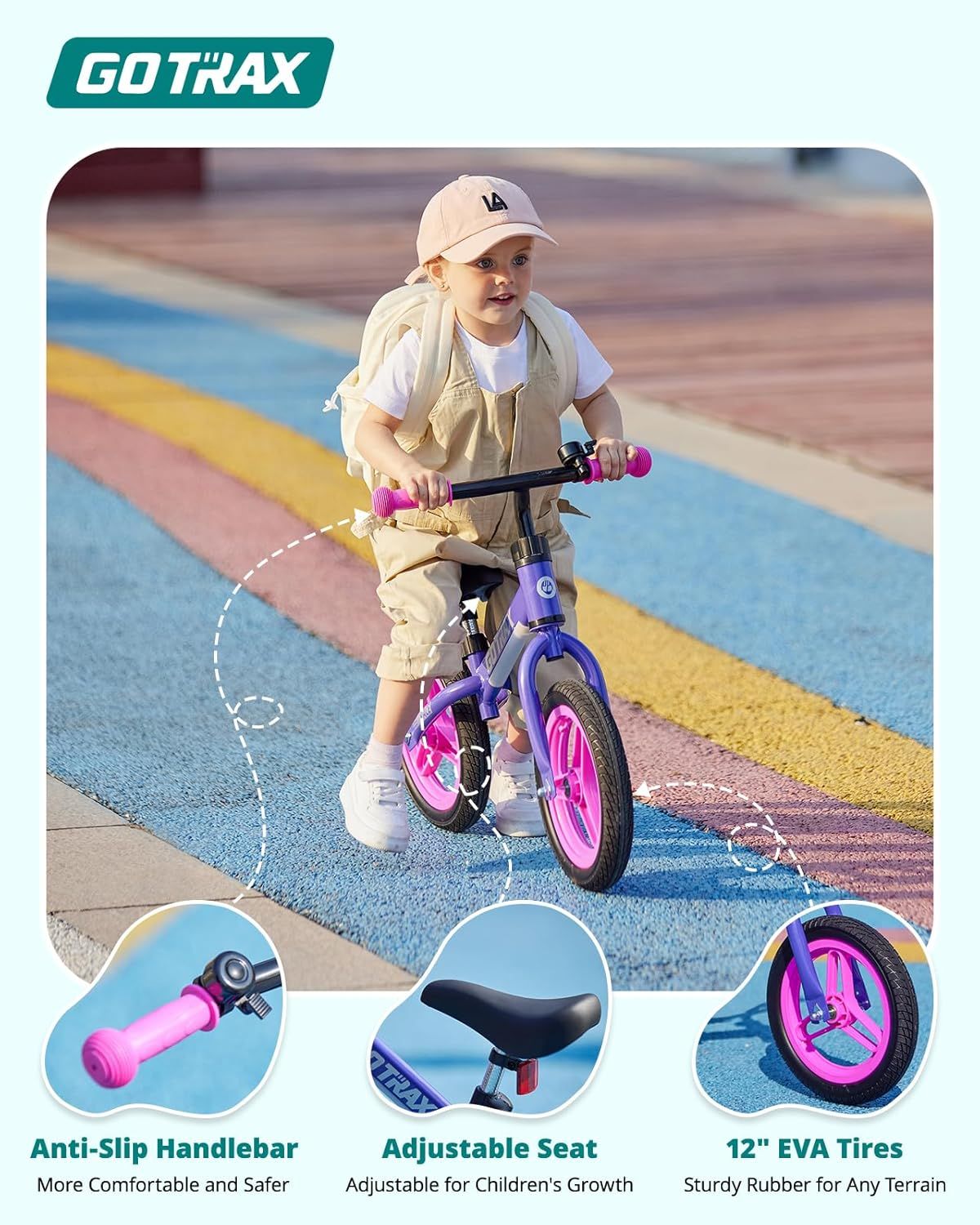 Showcases three distinct product features in a segmented layout to communicate safety, adaptability, and durability for a children's balance bike.
