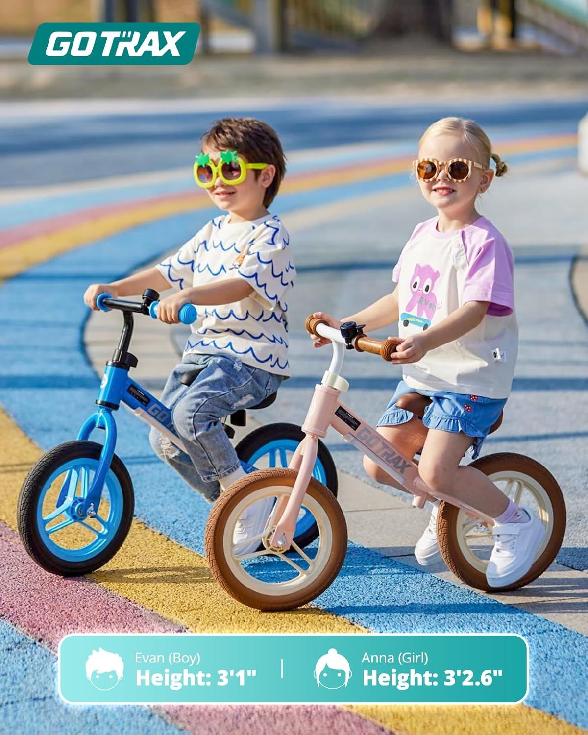 Demonstrates which children's heights are appropriate for the product by showing two kids of different heights using the balance bikes, helping parents choose the right size.