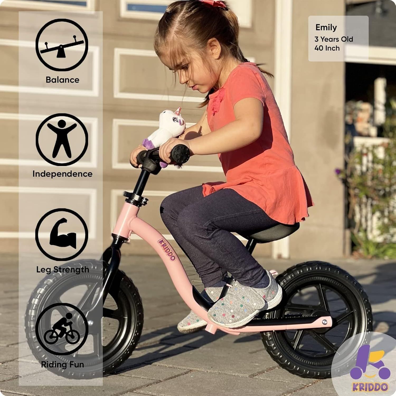 Communicates multiple developmental benefits of the balance bike, showing how it helps children build balance, independence, leg strength, and provides fun riding experience.