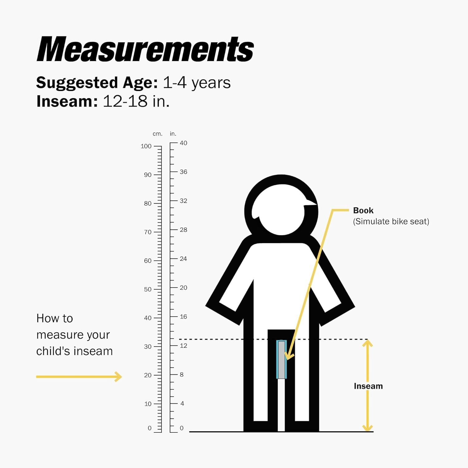 Helps parents determine the correct product size by showing how to measure their child's inseam for proper fit, ensuring the product is age-appropriate for 1-4 year olds. Provides clear visual…