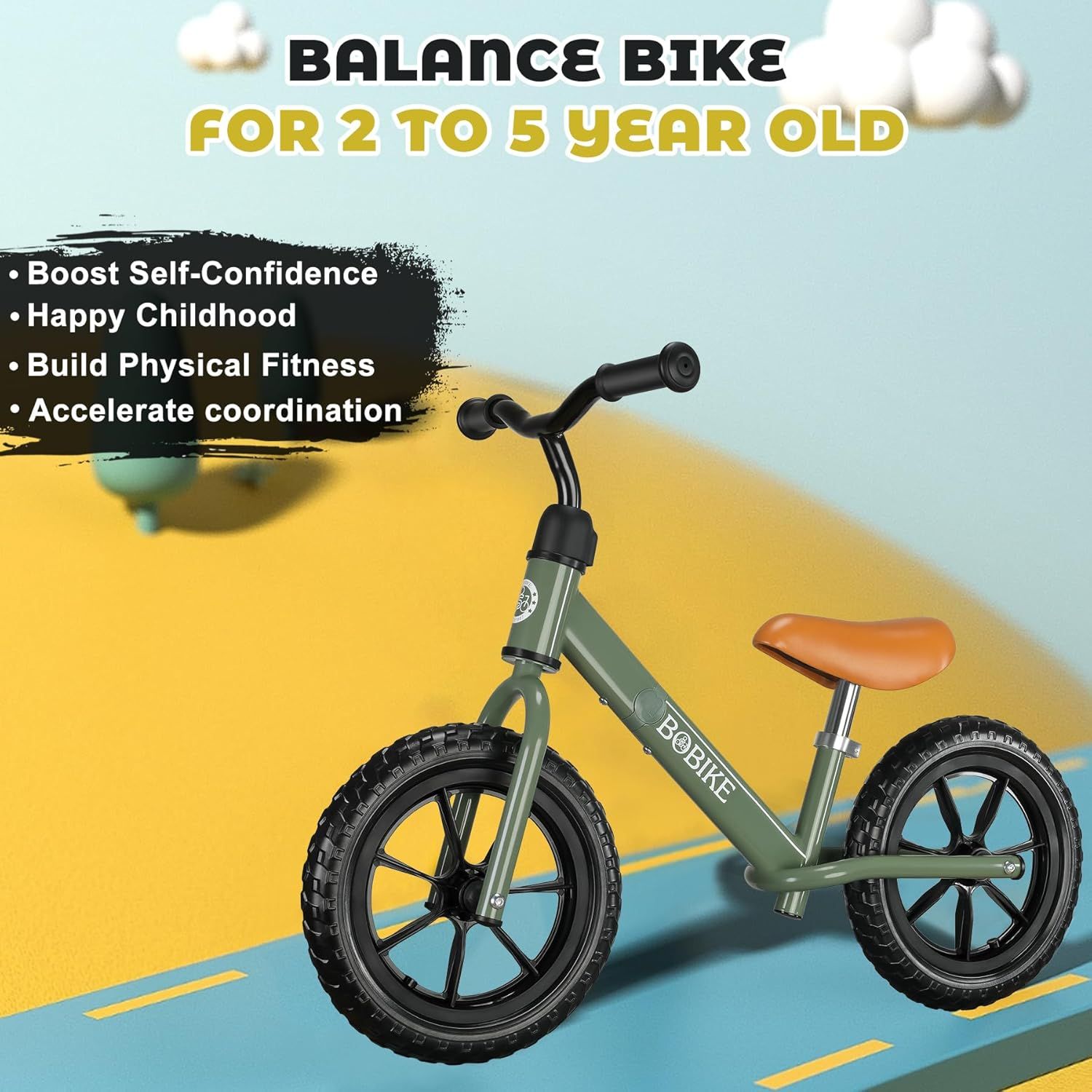 Communicates multiple developmental benefits of the balance bike for young children, emphasizing emotional, physical, and motor skill growth.