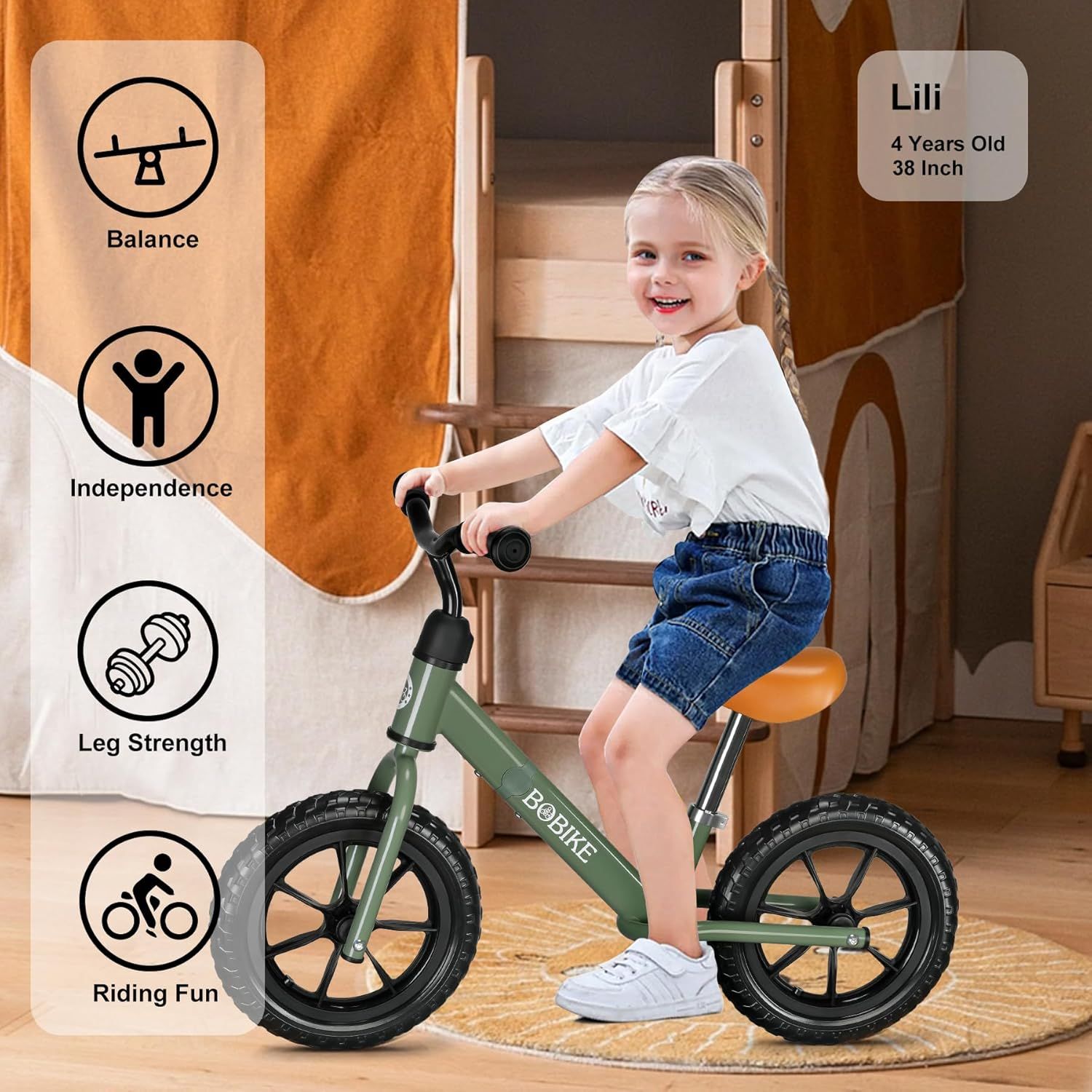 Communicates multiple developmental benefits of the balance bike, showing how it helps children build balance, independence, leg strength, and provides fun riding experience.
