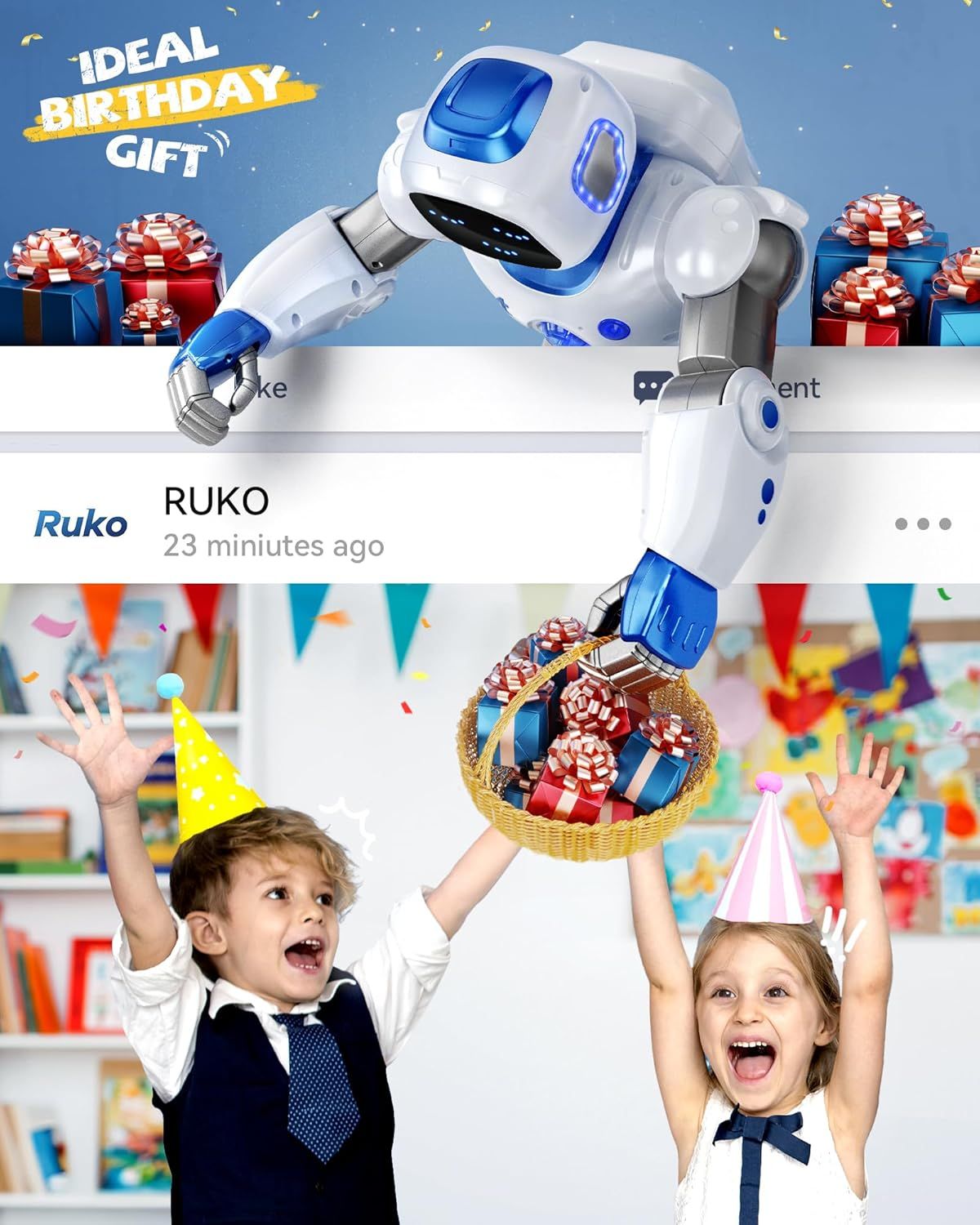 Positions the robot toy as an ideal birthday gift for children, creating emotional appeal and gifting context to drive purchase intent.