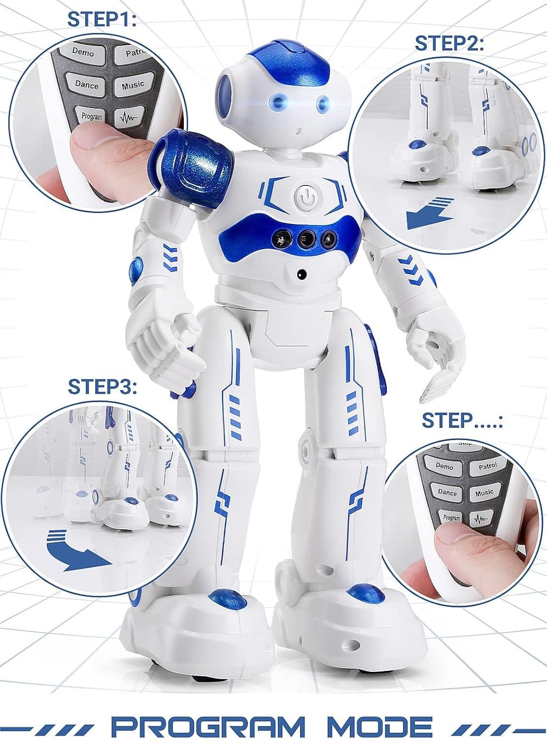 Demonstrates how to operate the robot toy using the remote control through a clear multi-step instructional sequence, showing shoppers the ease of use and interactive features.