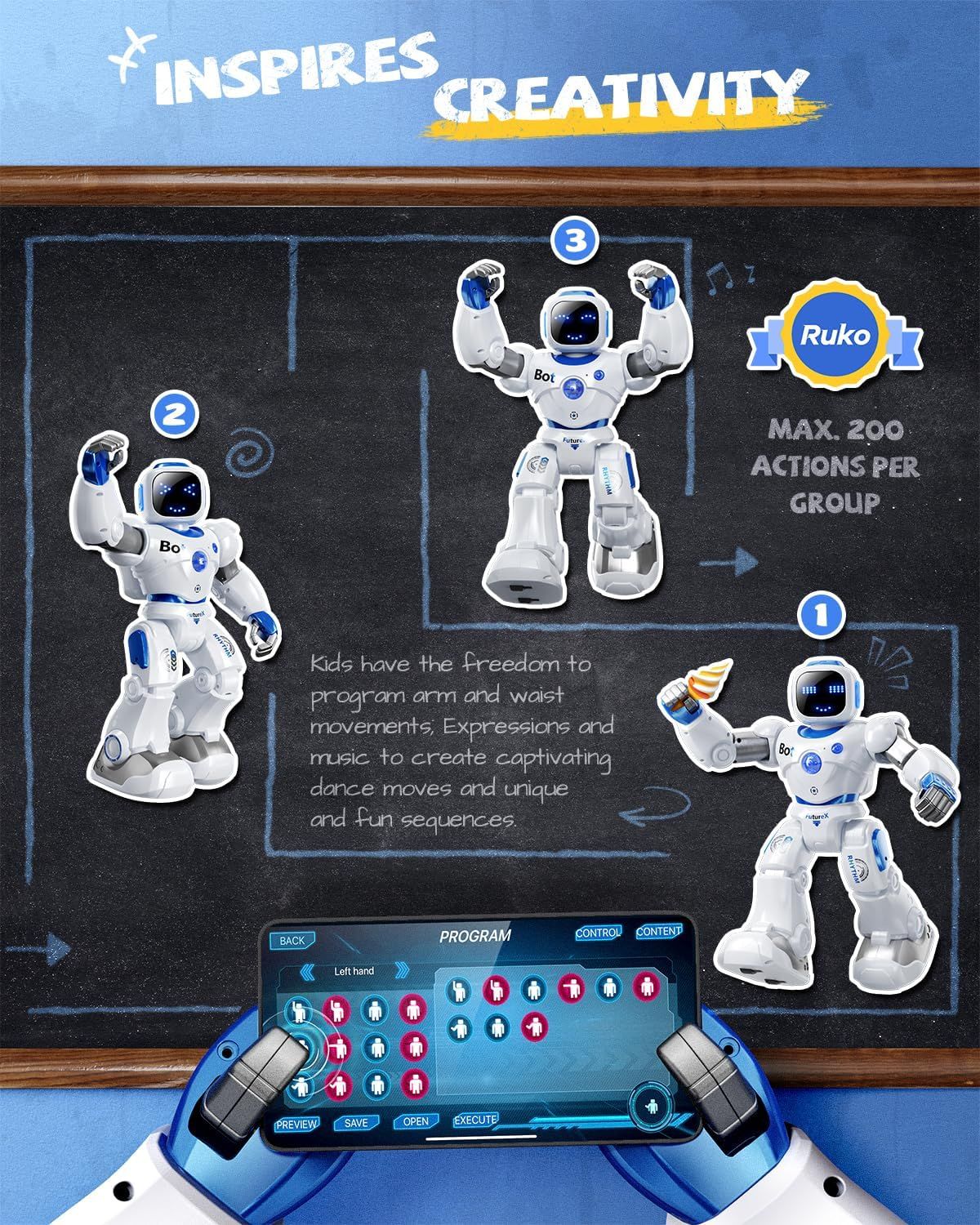 Demonstrates how kids can program the robot's arm and waist movements, expressions, and music to create custom dance sequences, emphasizing creative play and ease of use. Highlights the product's…