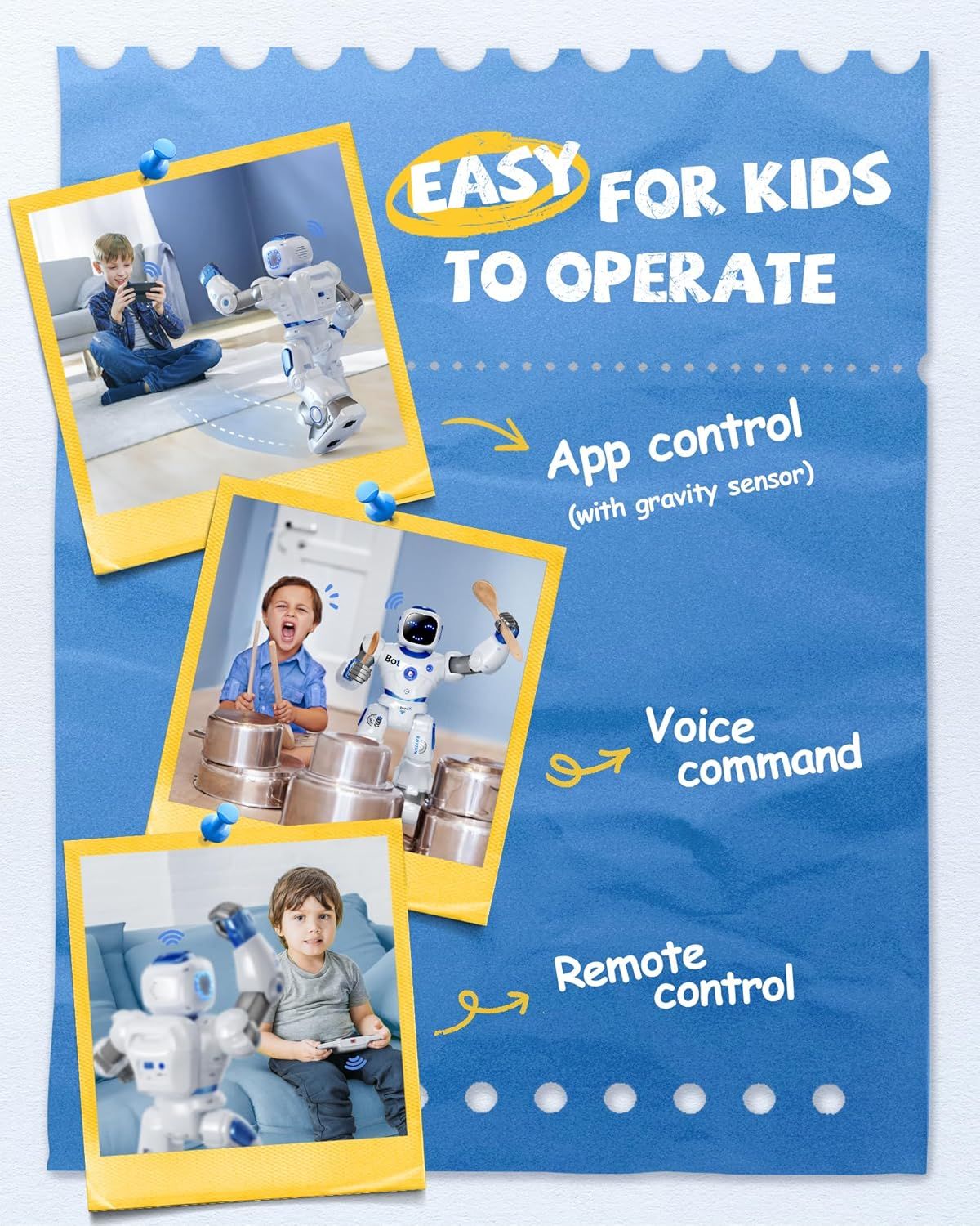 Communicates that the robot toy is easy for kids to operate through three distinct control methods, reassuring parents about usability and engaging kids with multiple play options.