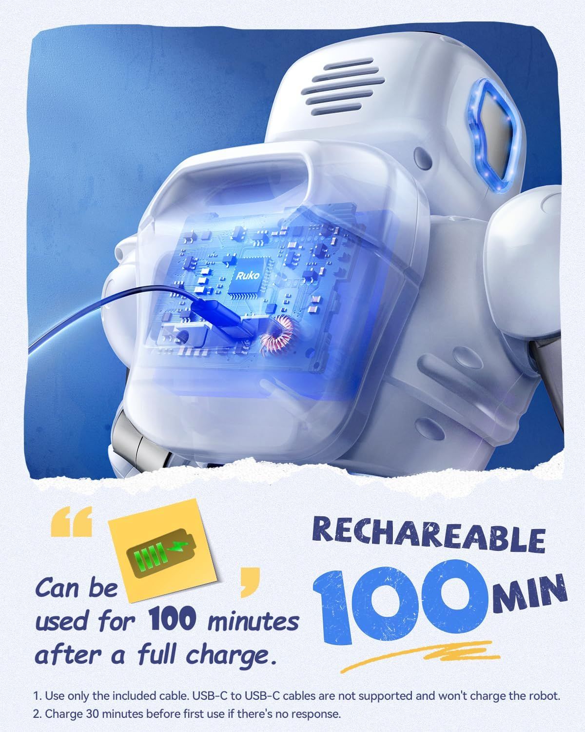 Communicates the product's rechargeable battery capacity and runtime to reassure shoppers about usage duration between charges. Highlights the convenience of the rechargeable battery feature with a…