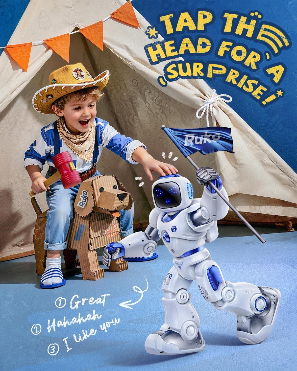 Highlights the robot's interactive touch-activated feature that surprises and delights children, emphasizing fun and engagement.