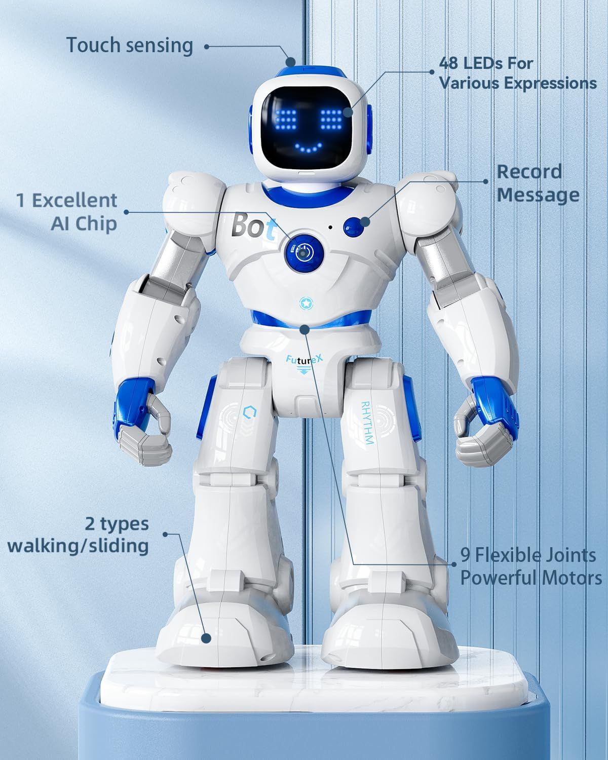 This image breaks down the robot toy's physical components and technical features using labeled callouts to help shoppers understand the product's construction, capabilities, and interactive elements.