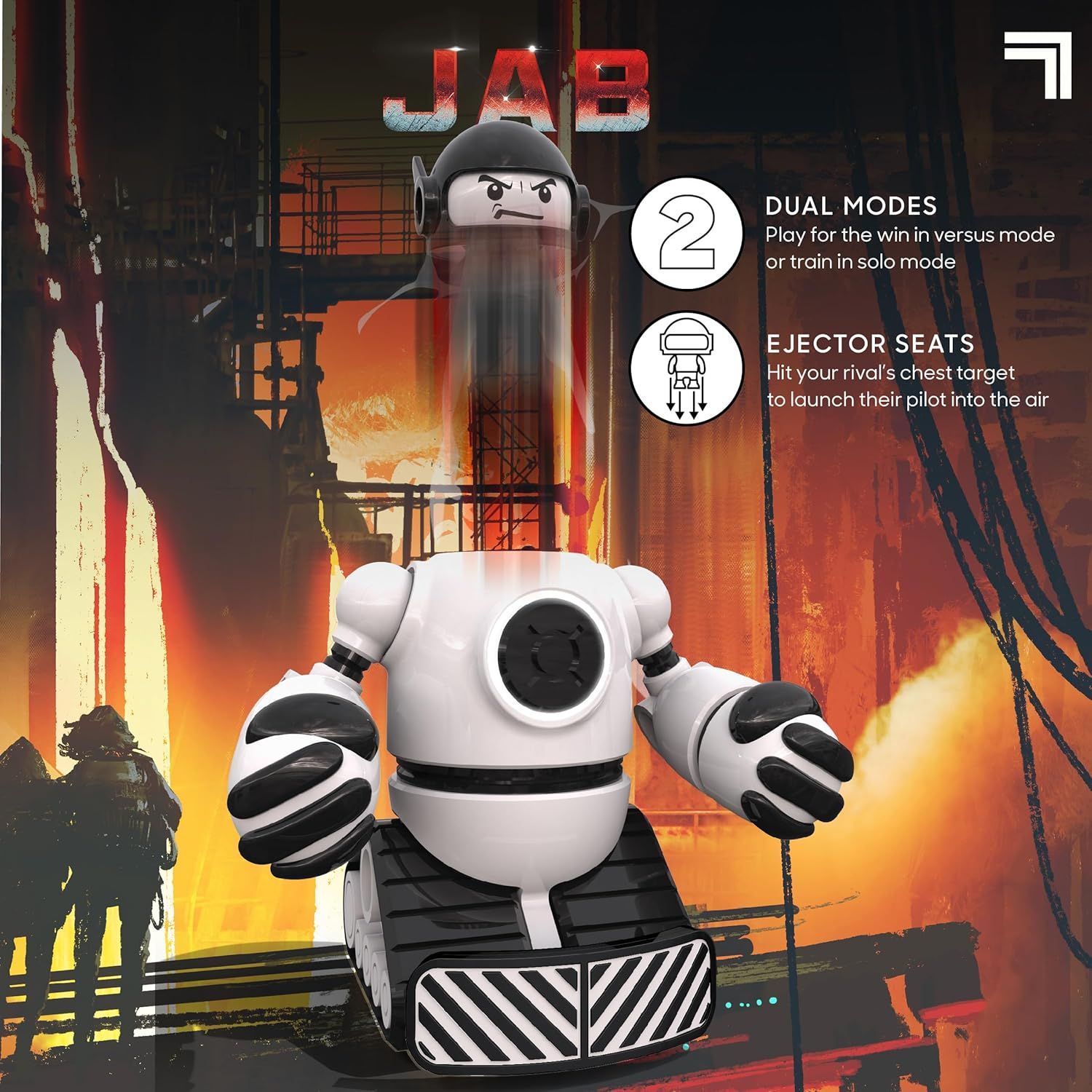 Highlights two distinct gameplay features—dual modes (versus and solo) and ejector seats (combat mechanic)—to communicate the product's versatility and interactive play value.