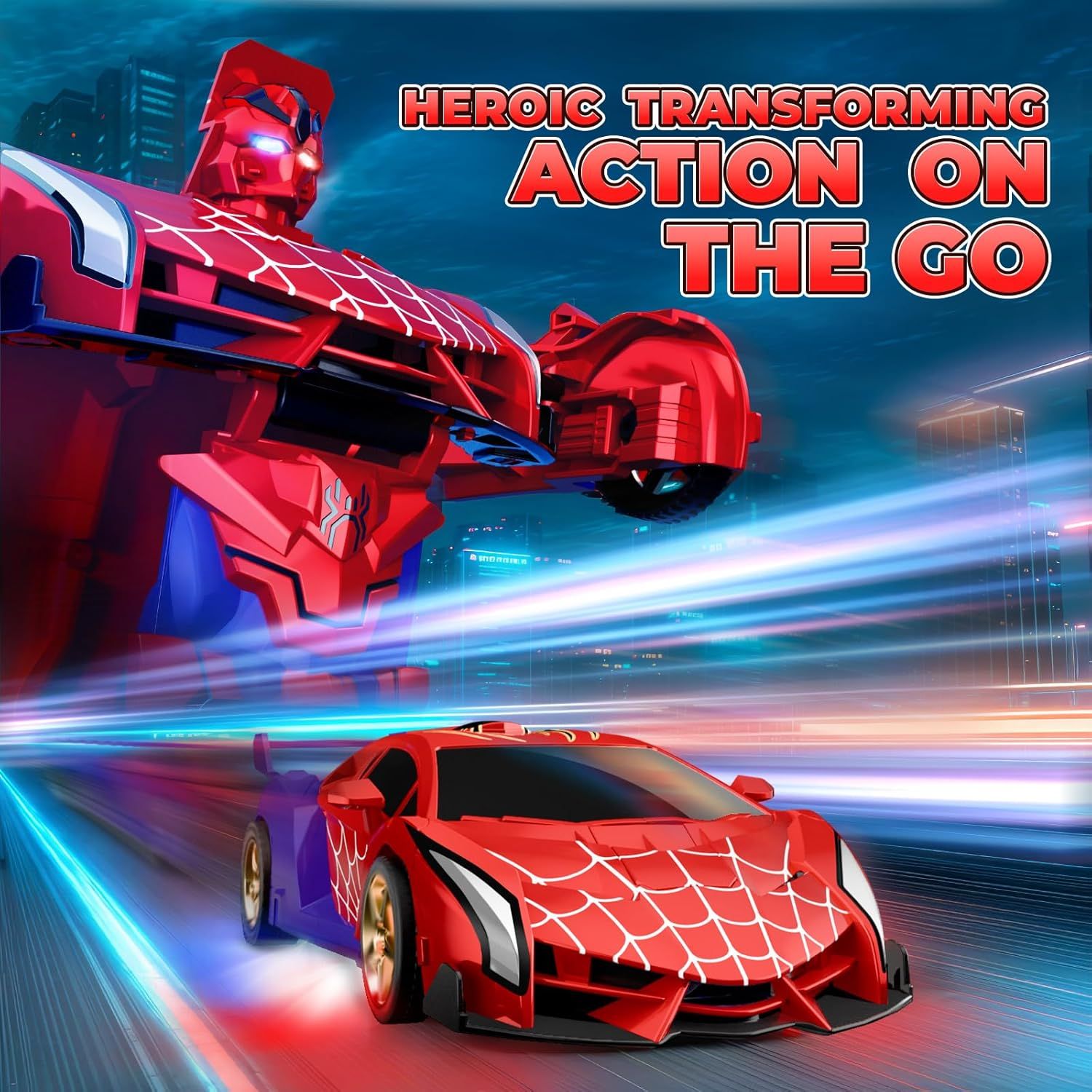 Communicates the toy's core play feature—transforming from robot to vehicle—and emphasizes portability and on-the-go play to appeal to parents and kids looking for versatile, travel-friendly toys.