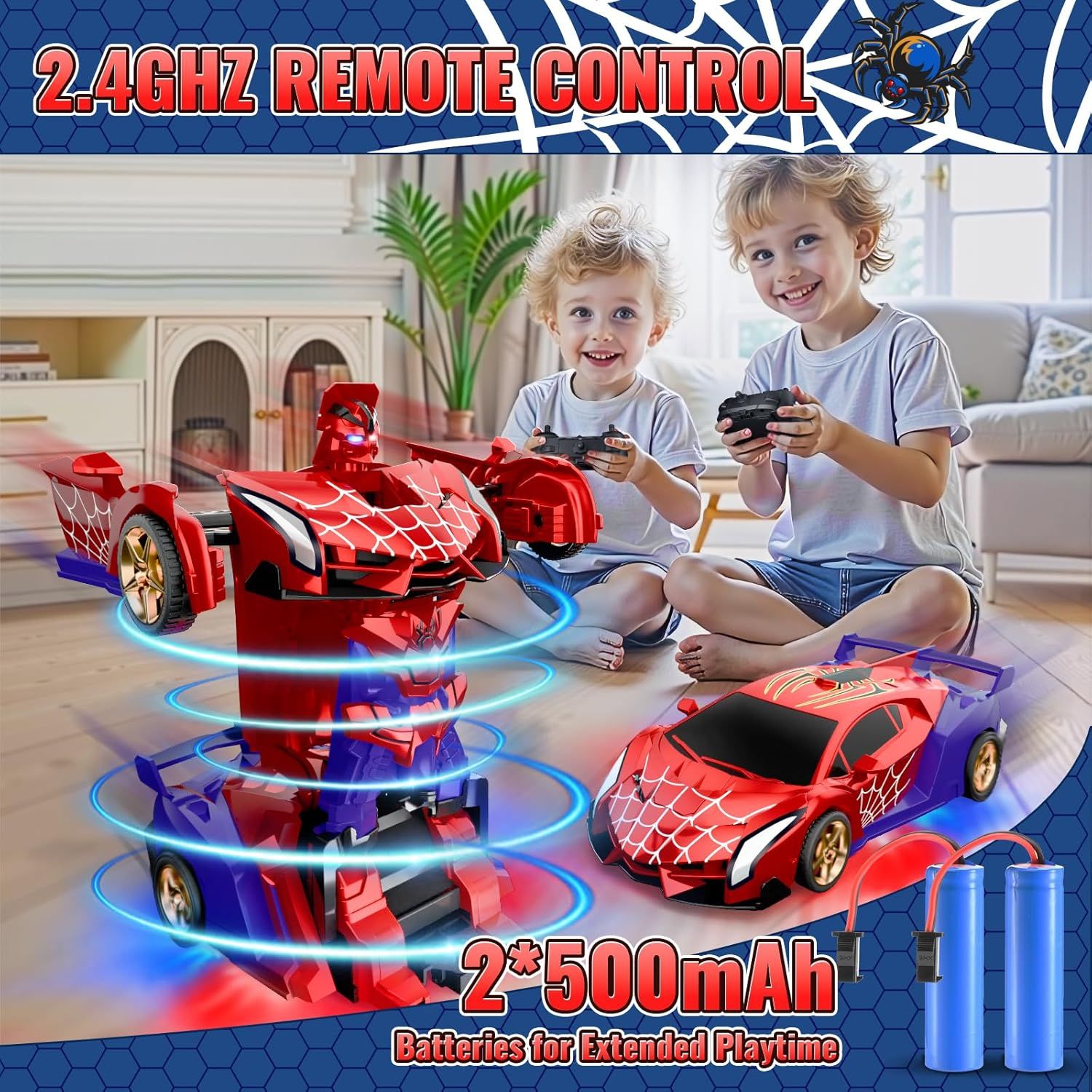 Communicates multiple key selling benefits of the remote control toy car: wireless remote control capability and extended battery life for longer play sessions.