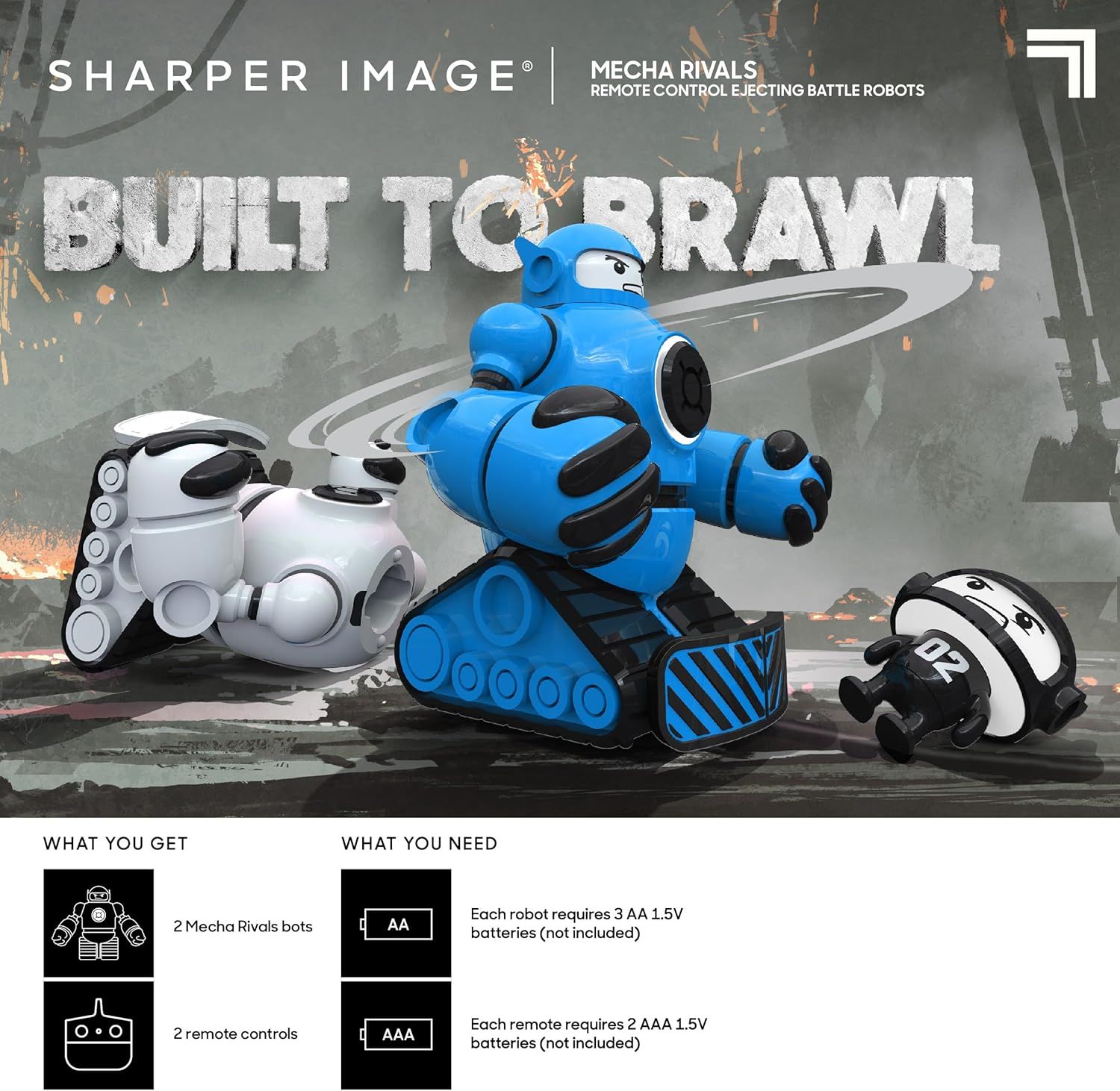 Shows shoppers exactly what comes in the box (2 battle robots and 2 remote controls) and what additional items they need to purchase (batteries) to start playing immediately.
