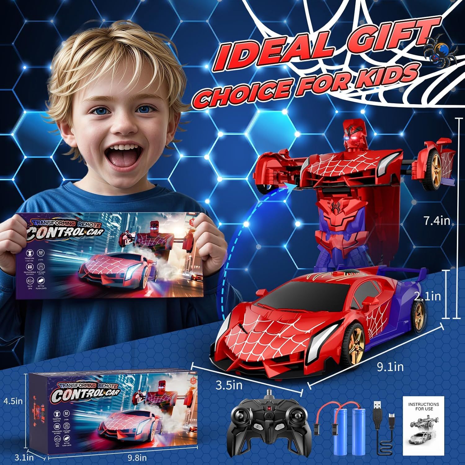 Positions the transforming remote control car as an ideal gift for children, emphasizing its appeal as a present. Provides exact physical measurements of the toy car, robot, and packaging to help…