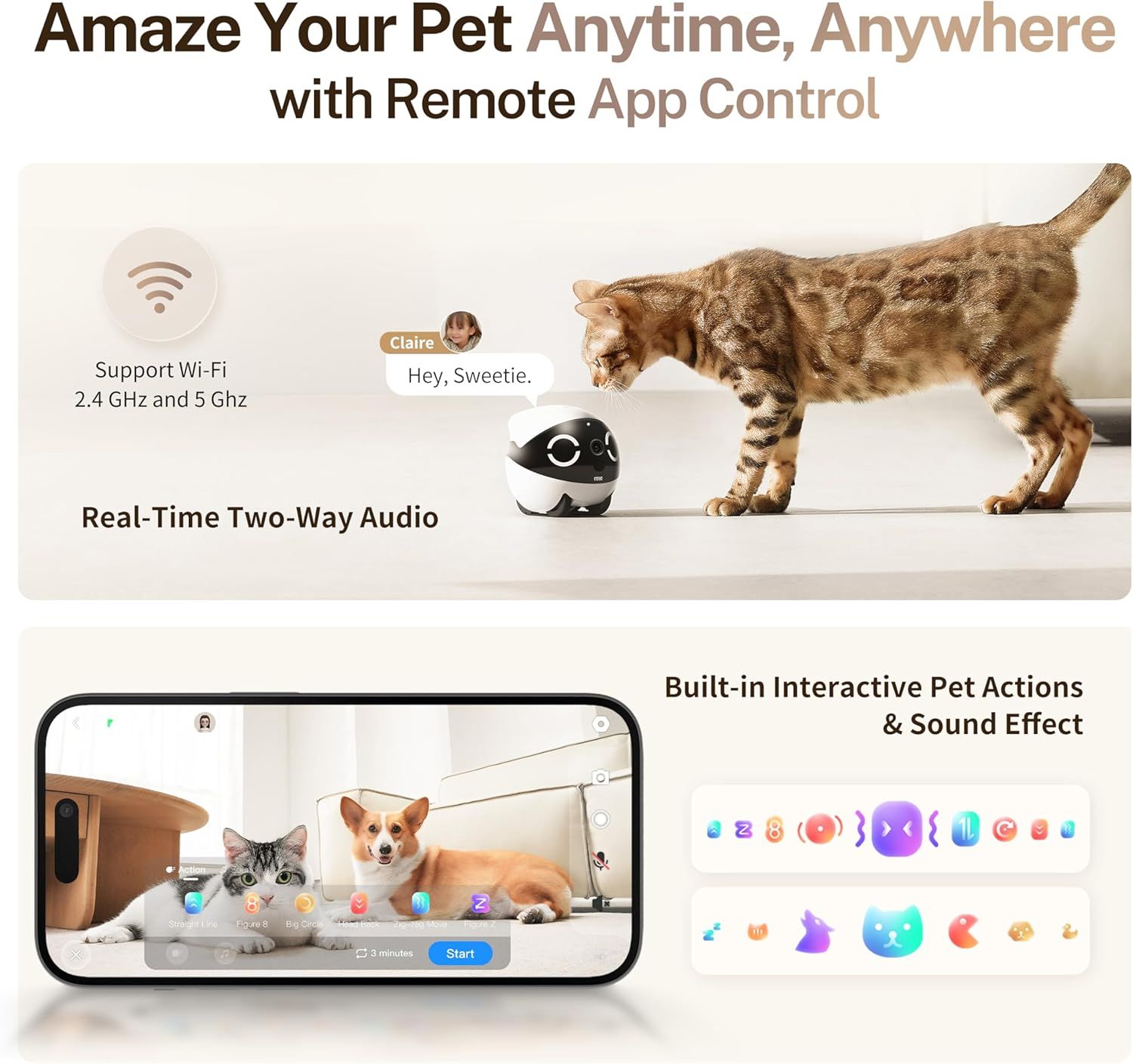 Communicates multiple key features of the pet camera product, including remote app control, Wi-Fi connectivity, two-way audio communication, and built-in…