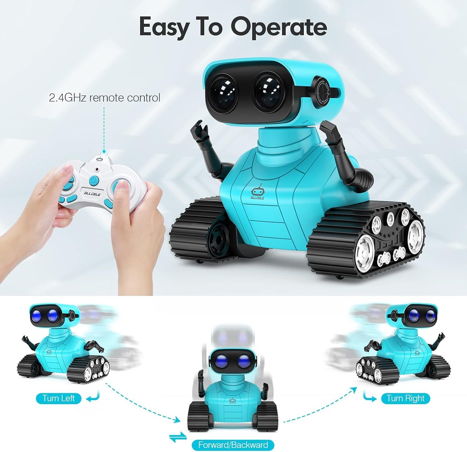 Demonstrates how to operate the robot toy using the 2.4GHz remote control and shows the directional movement capabilities (turn left, turn right, forward/backward) to reassure shoppers that it's…