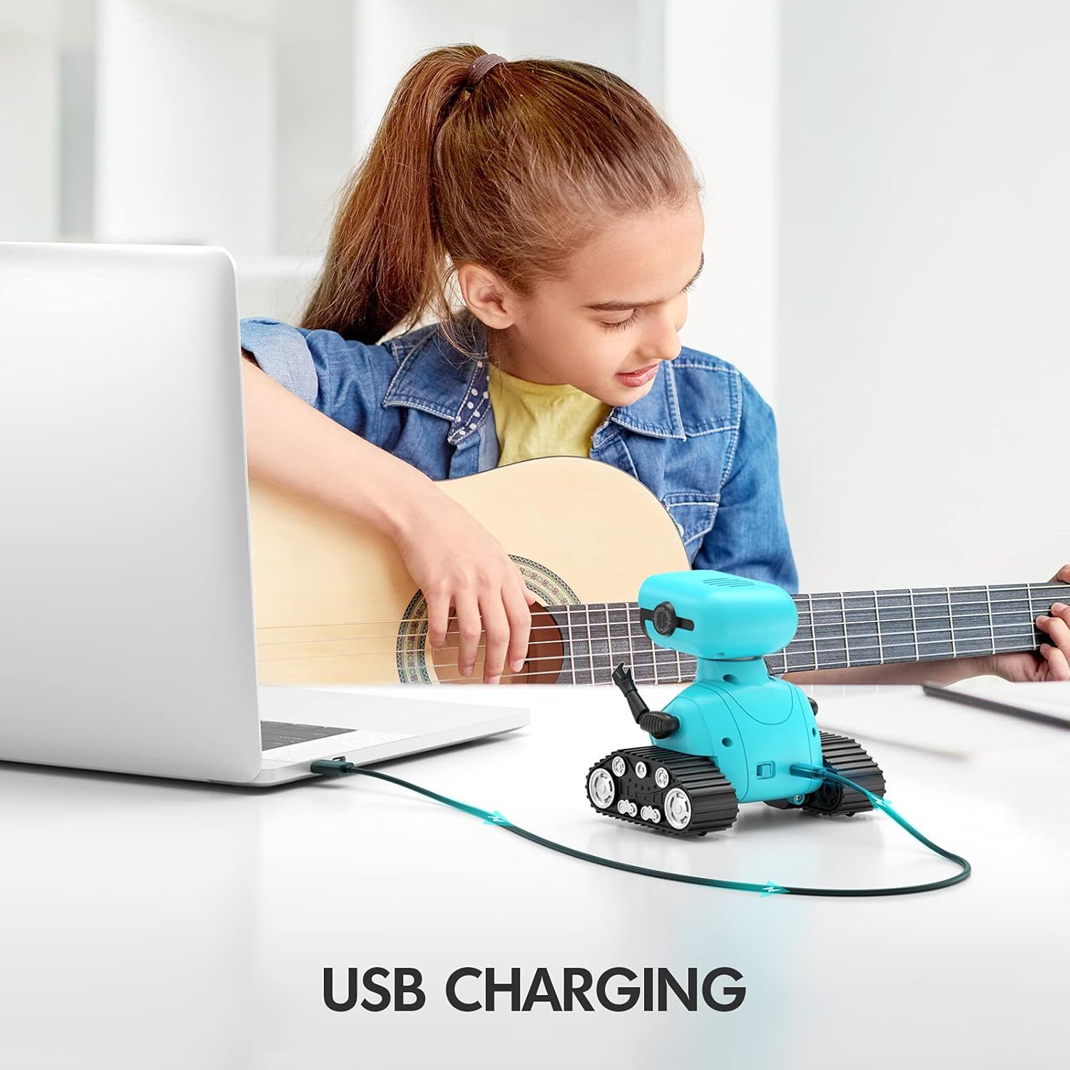 Highlights the convenient USB charging capability of the toy robot, reassuring parents that it's easy to recharge and doesn't require batteries.