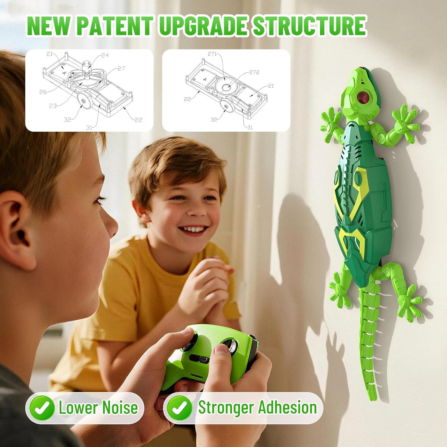 Highlights the product's upgraded internal structure using patent diagrams to communicate improved engineering, lower noise operation, and stronger adhesion for better performance. Showcases two…