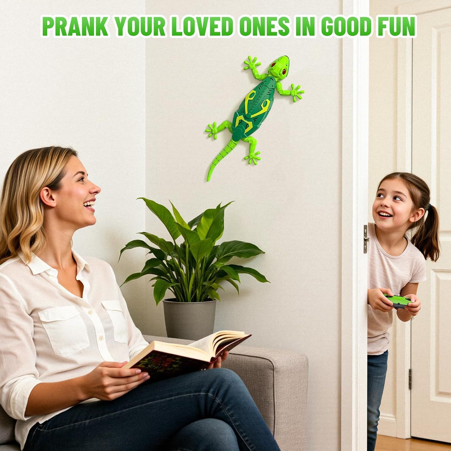 Demonstrates the product's use as a fun prank toy for family entertainment, showing how it can be used to surprise and delight loved ones in a home setting. Shows the product in a real-world home…