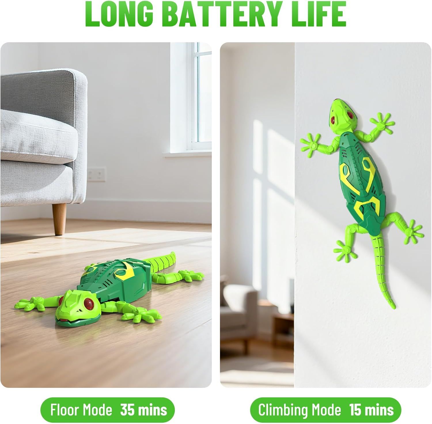 Communicates the product's battery performance in two different modes (35 minutes floor mode, 15 minutes climbing mode) to help shoppers understand how long the toy will operate. Highlights the…