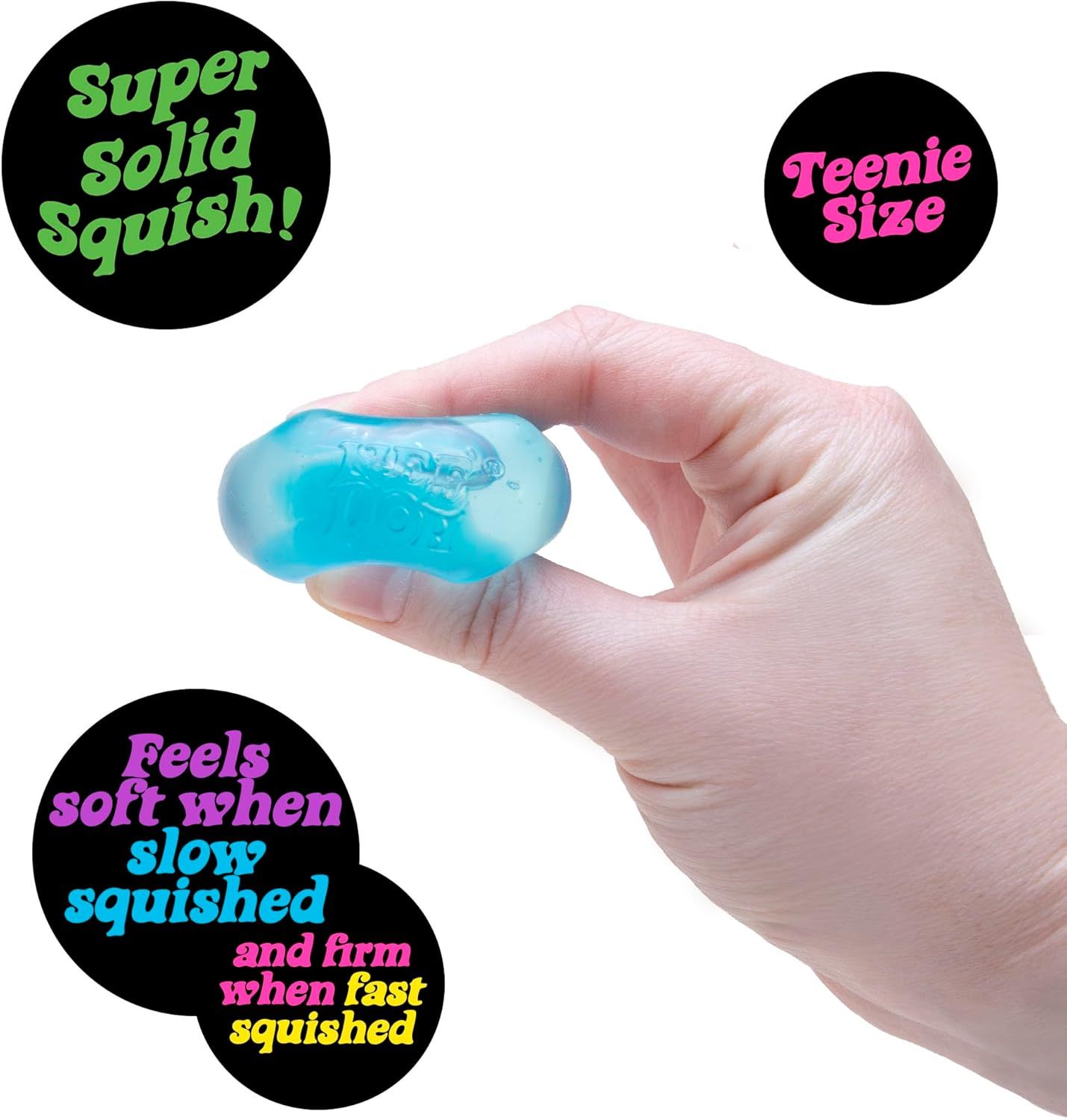 Communicates multiple distinct product benefits including its solid squishy texture, compact teenie size, and dual-firmness tactile experience to appeal to sensory toy shoppers.