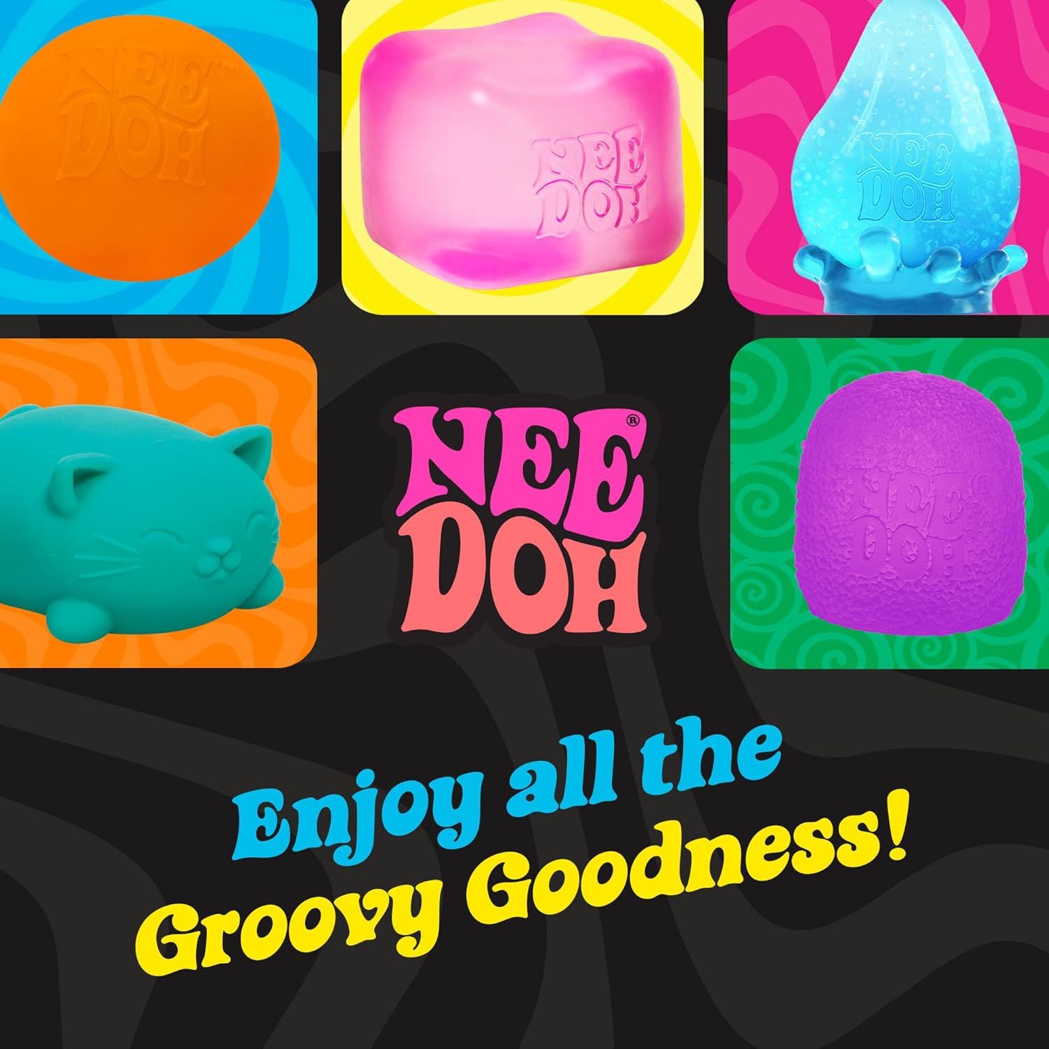 Showcases the brand's product variety and encourages shoppers to explore the full range of Nee Doh products with fun shapes and vibrant colors.