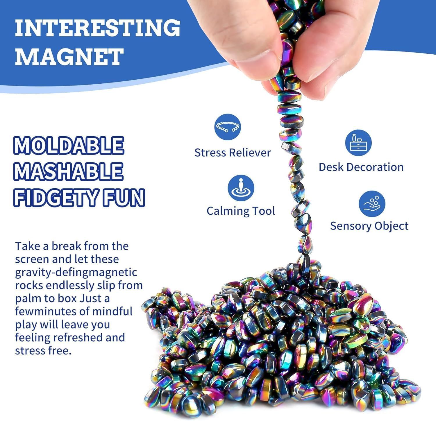 Communicates multiple distinct benefits of the magnetic fidget toy through a segmented layout with icons and labels, showing it serves as a stress reliever, calming tool, desk decoration, and…