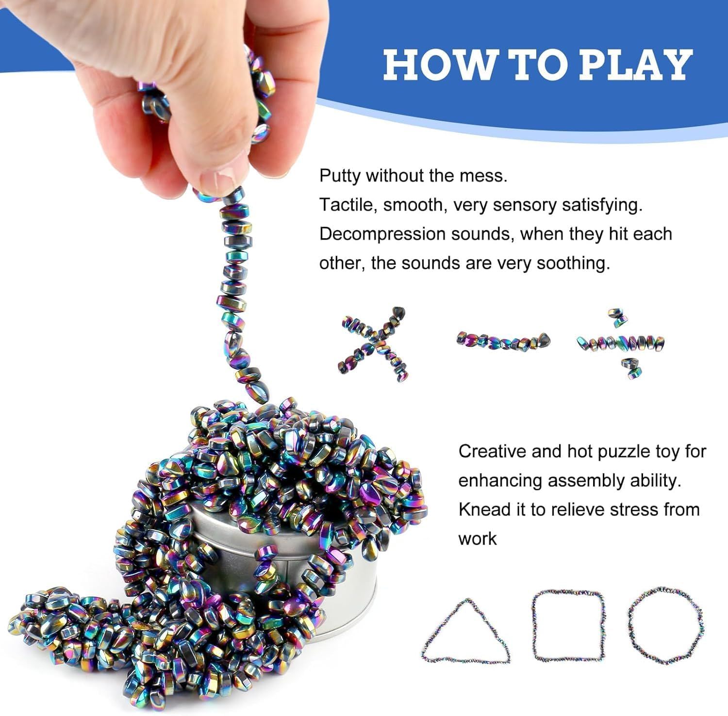 Demonstrates how to play with the magnetic putty toy, explaining its tactile sensory benefits and stress-relief applications to help shoppers understand the product's use and appeal. Highlights the…