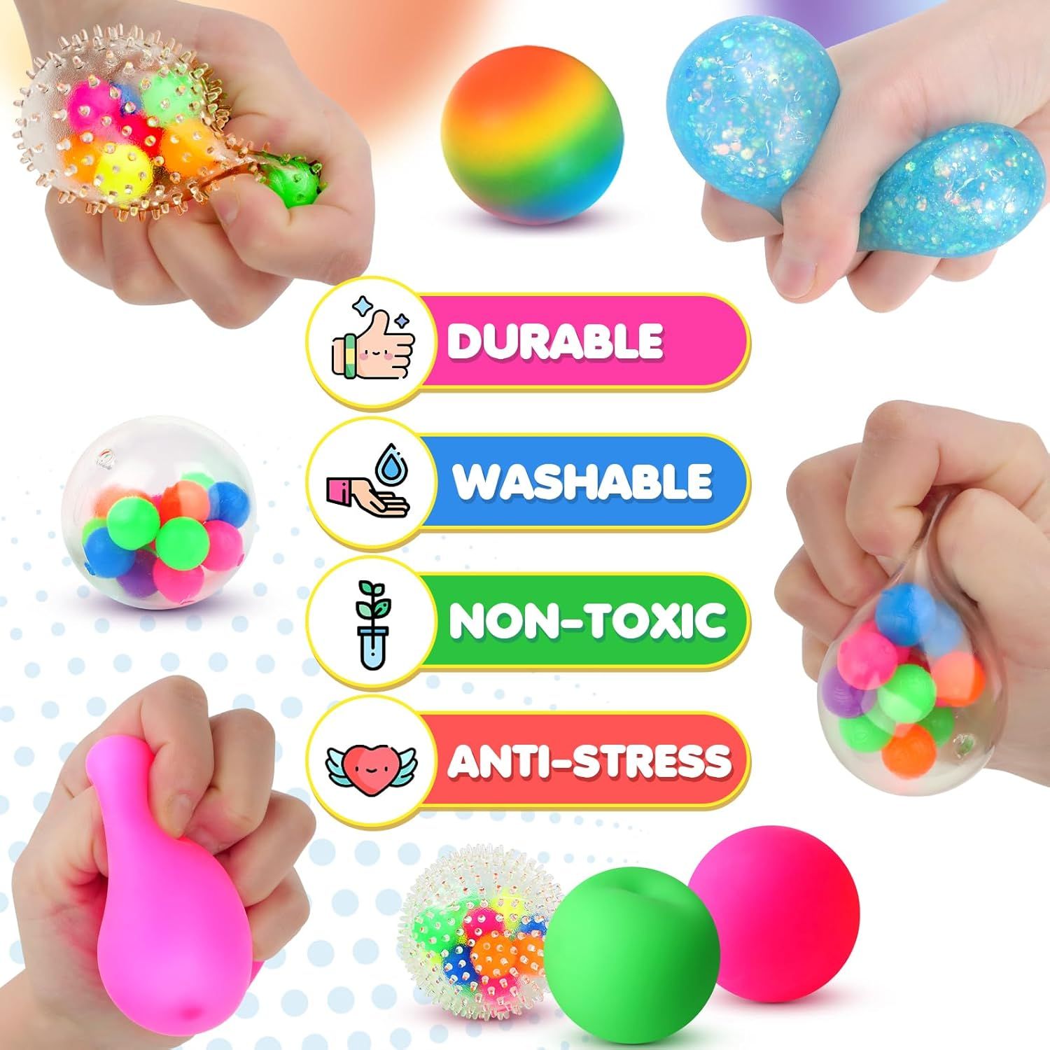 Communicates multiple key benefits of the stress balls to reassure shoppers about durability, safety, ease of cleaning, and stress-relief functionality.