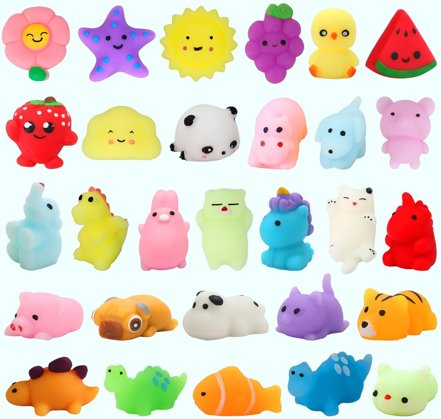 Shows the customer all the different squishy toy designs and characters included in the purchase, demonstrating variety and value in the bundle.