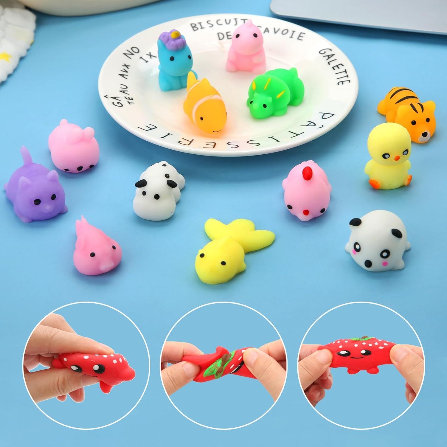 Demonstrates the product variety (multiple cute animal designs) and the squishy, flexible nature of the toys through three demonstration panels showing hands squeezing and stretching the product.