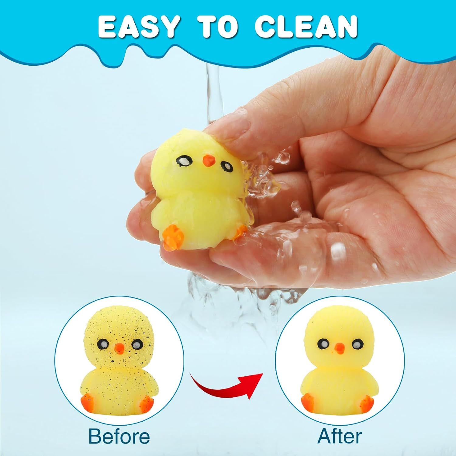 Demonstrates that the product can be easily cleaned by showing a dirty version transforming into a clean version after washing, reassuring shoppers about maintenance and hygiene. Highlights the…