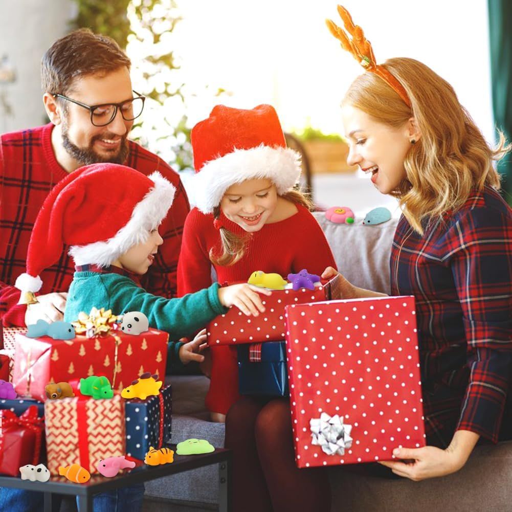 Positions the product as a perfect Christmas gift for children by showing a joyful family holiday scene with wrapped presents and festive attire.