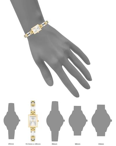 Demonstrates how the watch fits on a wrist and compares its size to other watch sizes (20mm, 30mm, 36mm, 43mm) to help shoppers choose the right size for their wrist.