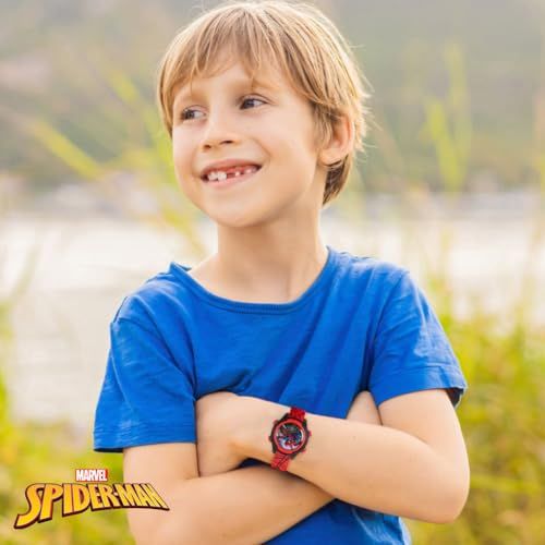 Demonstrates the product (Spider-Man watch) being worn by a child in a natural, real-world setting to help shoppers visualize the product in use and appeal to the target audience.