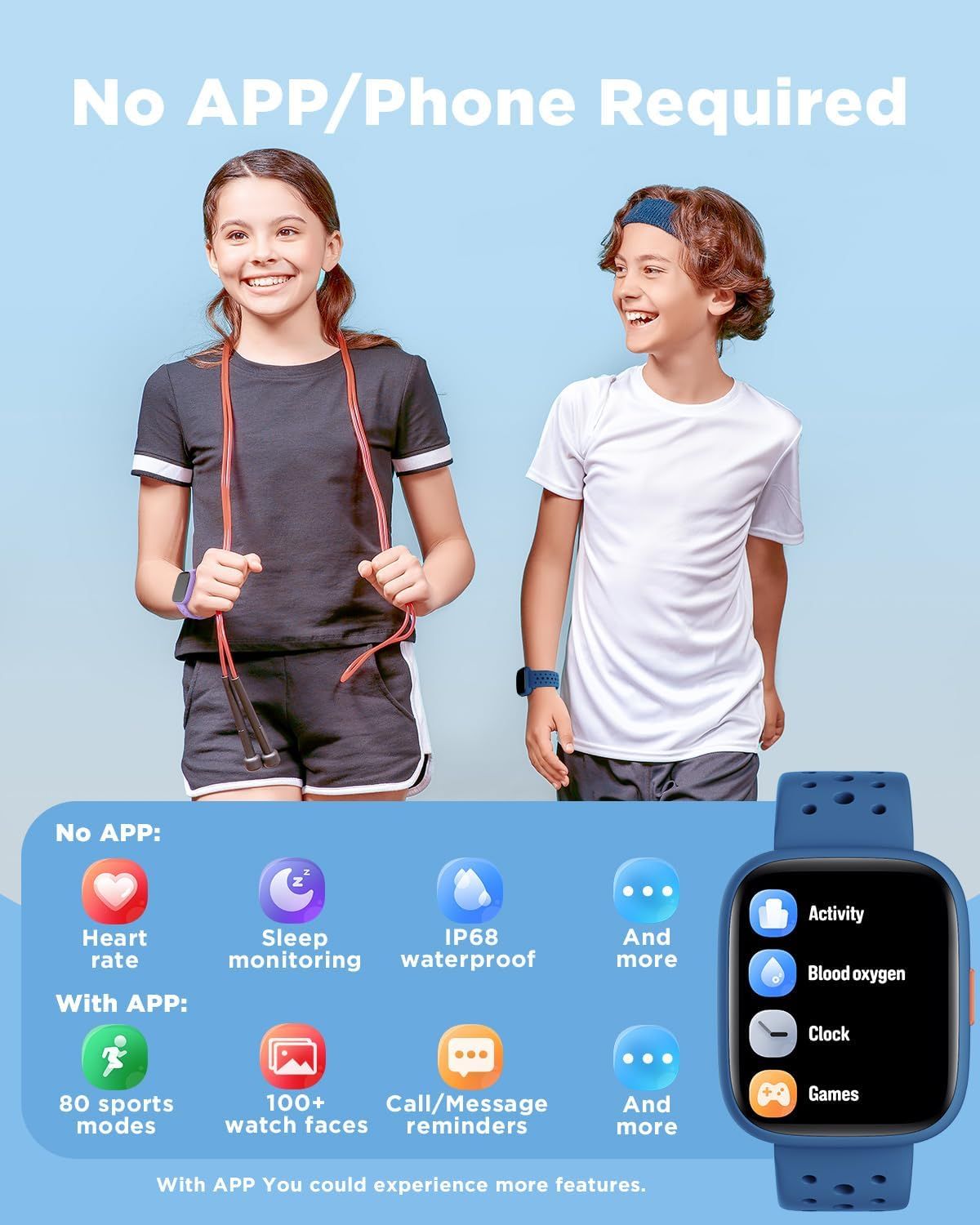 Communicates multiple distinct features and benefits of the smartwatch, showing both app-free functionality and app-enabled features to demonstrate versatility and ease of use for kids.