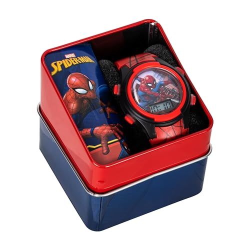 Shows the complete contents of the Spider-Man gift set, including both the watch and wallet, to communicate the full value of what the customer receives in the package.