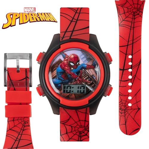 Shows the customer everything included in the purchase: the Spider-Man digital watch and an additional interchangeable strap, demonstrating the value and customization options of the set.