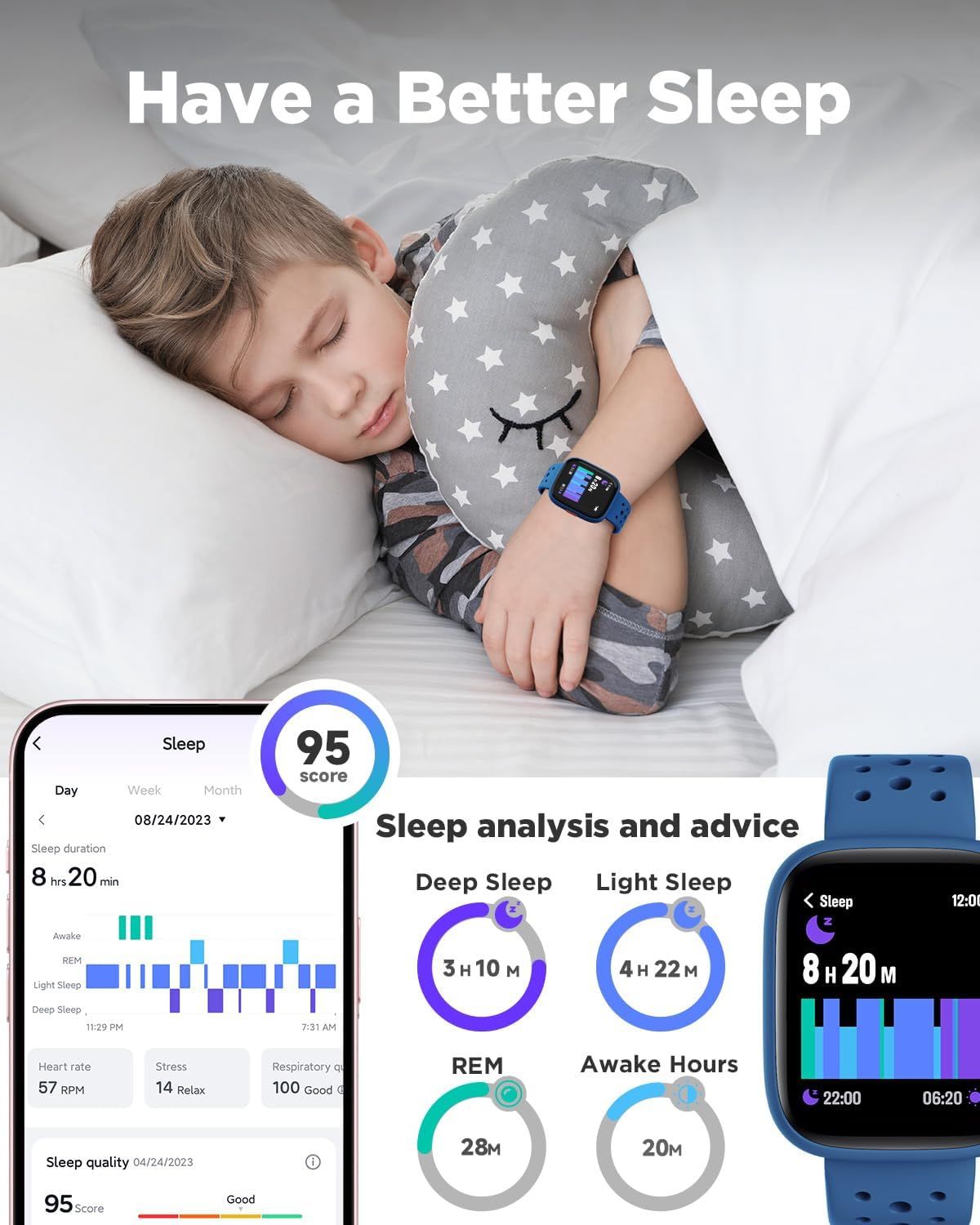 Demonstrates the smartwatch's sleep monitoring capability, showing how it tracks sleep quality, duration, and stages to help users improve their sleep health.
