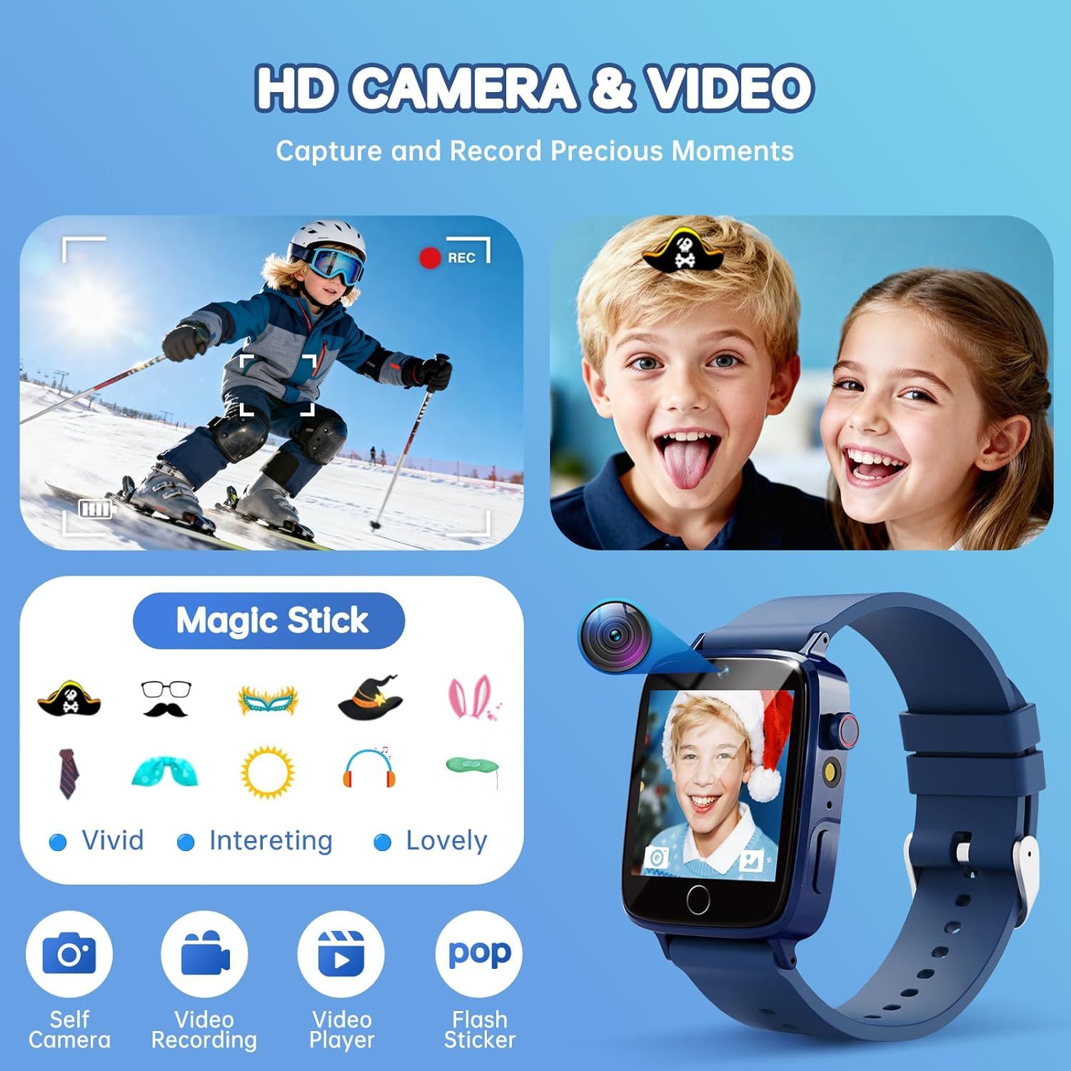 Showcases multiple features of the kids' smartwatch including HD camera/video capabilities, fun sticker filters, and various camera modes to demonstrate the product's entertainment and creative…
