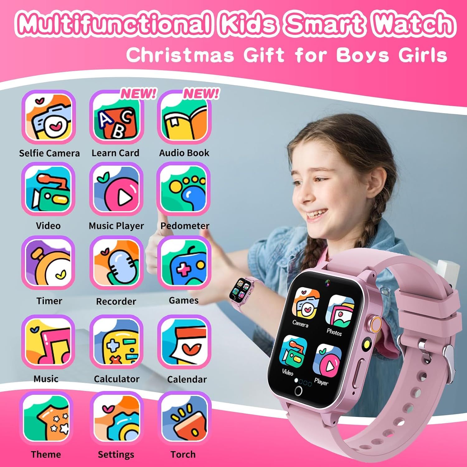 Positions the kids smart watch as a Christmas gift for boys and girls, leveraging holiday gifting occasion to drive purchase intent. Showcases the extensive multifunctional capabilities of the smart…