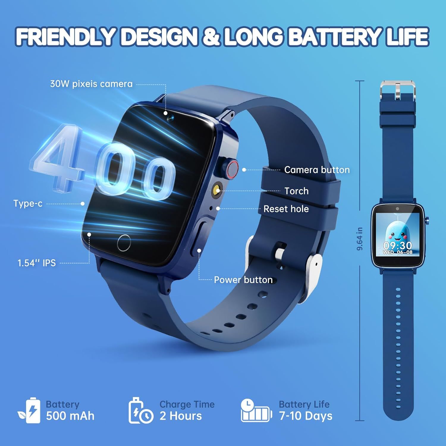 This image breaks down the smartwatch's physical components and features, labeling key parts like the camera, buttons, ports, and display to help shoppers understand the product's structure and…
