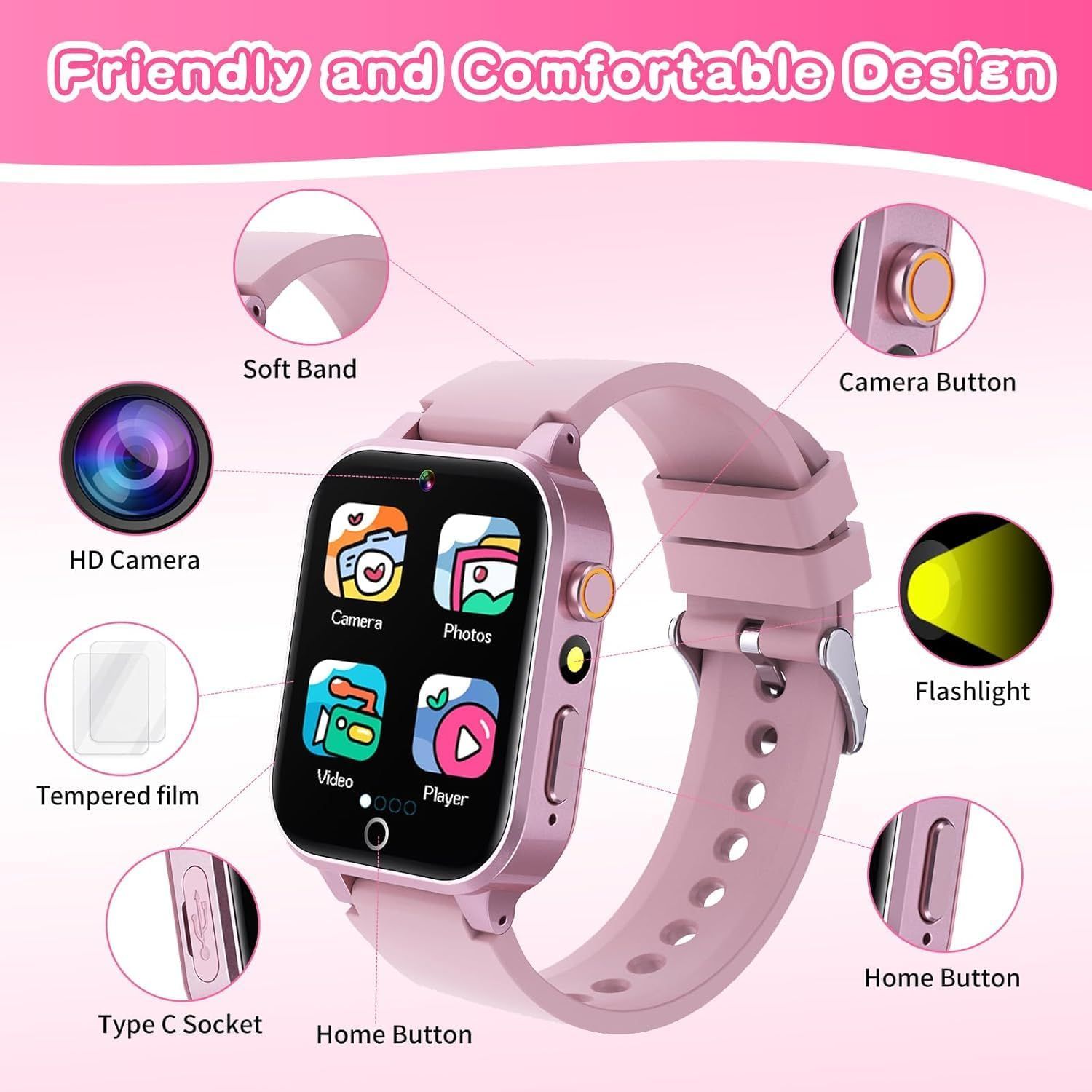 This image breaks down the smartwatch's physical components and features to help shoppers understand all the functional parts and design elements included in the product.