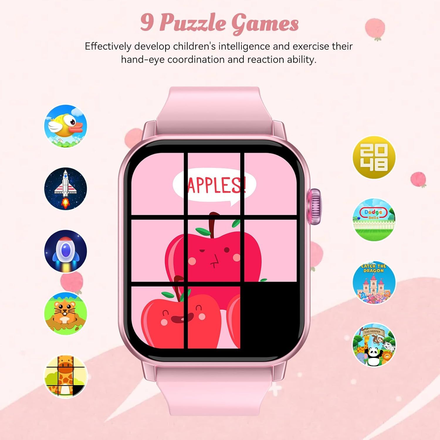 Demonstrates the variety of puzzle games available on the smartwatch to show parents the product's educational versatility and entertainment value for children.