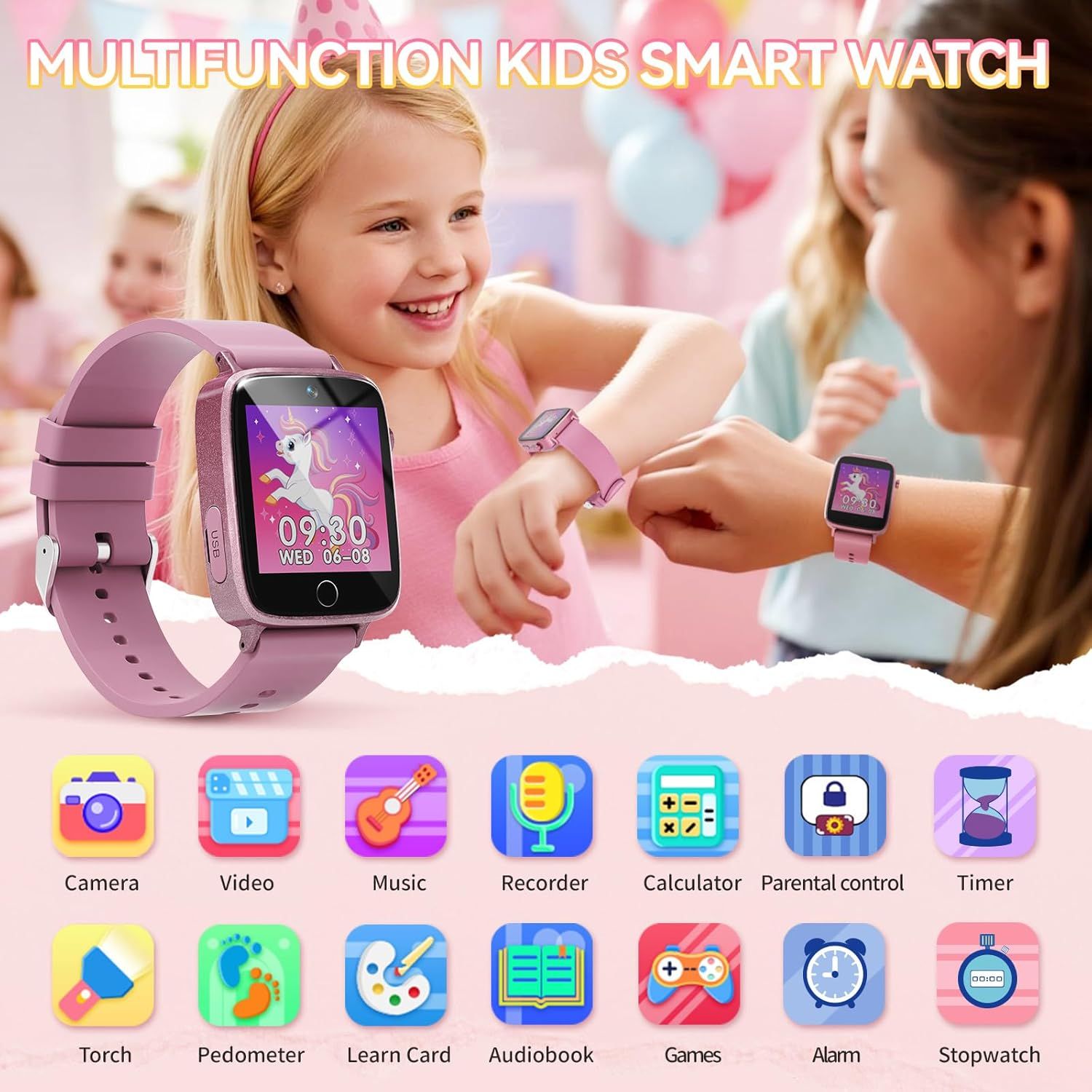 Demonstrates the wide range of built-in features and functions available on the kids smartwatch, showing parents and shoppers the versatility and value of the product.