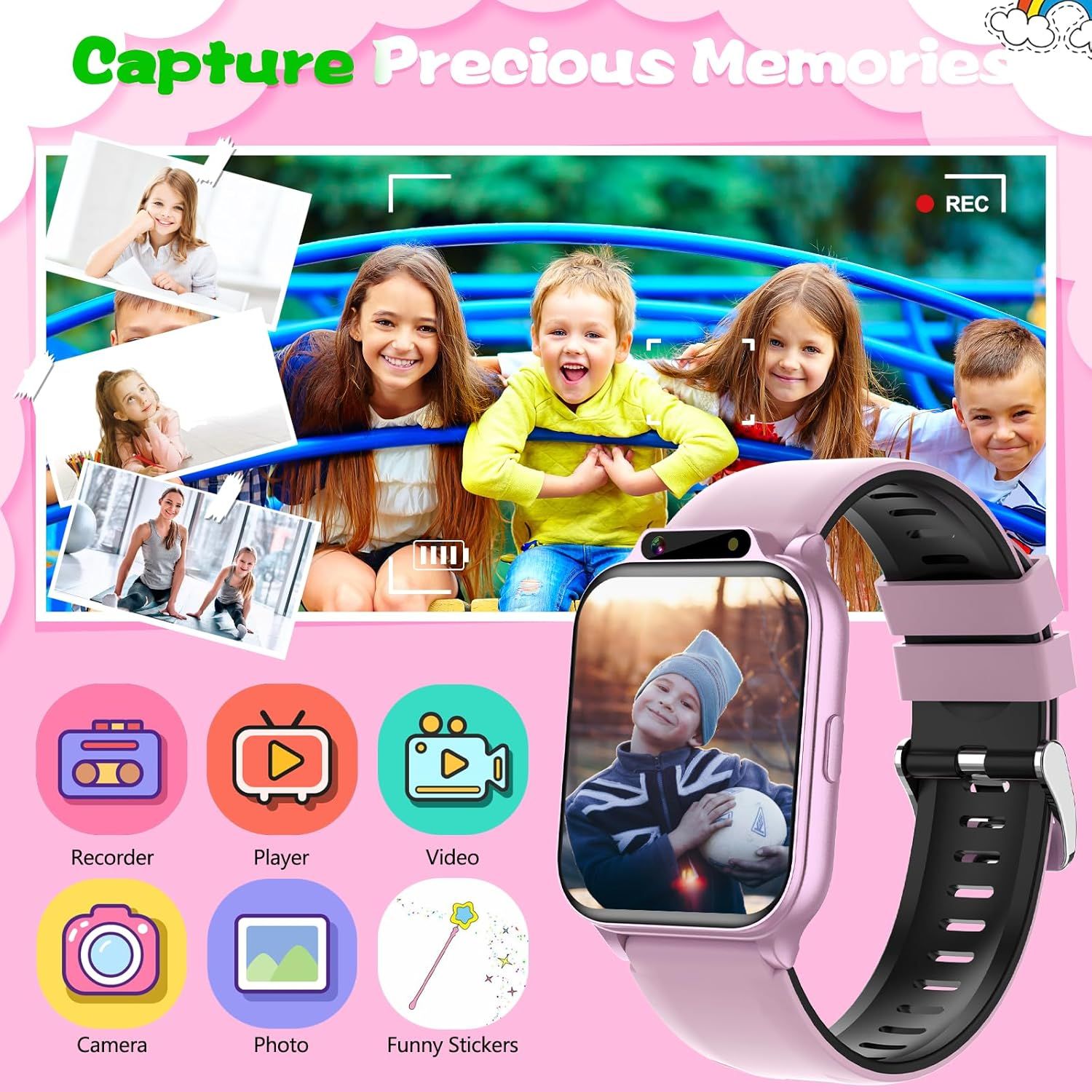 Demonstrates the smartwatch's multiple entertainment and memory-capturing features to show parents it's a versatile device for kids to record videos, take photos, and play content.